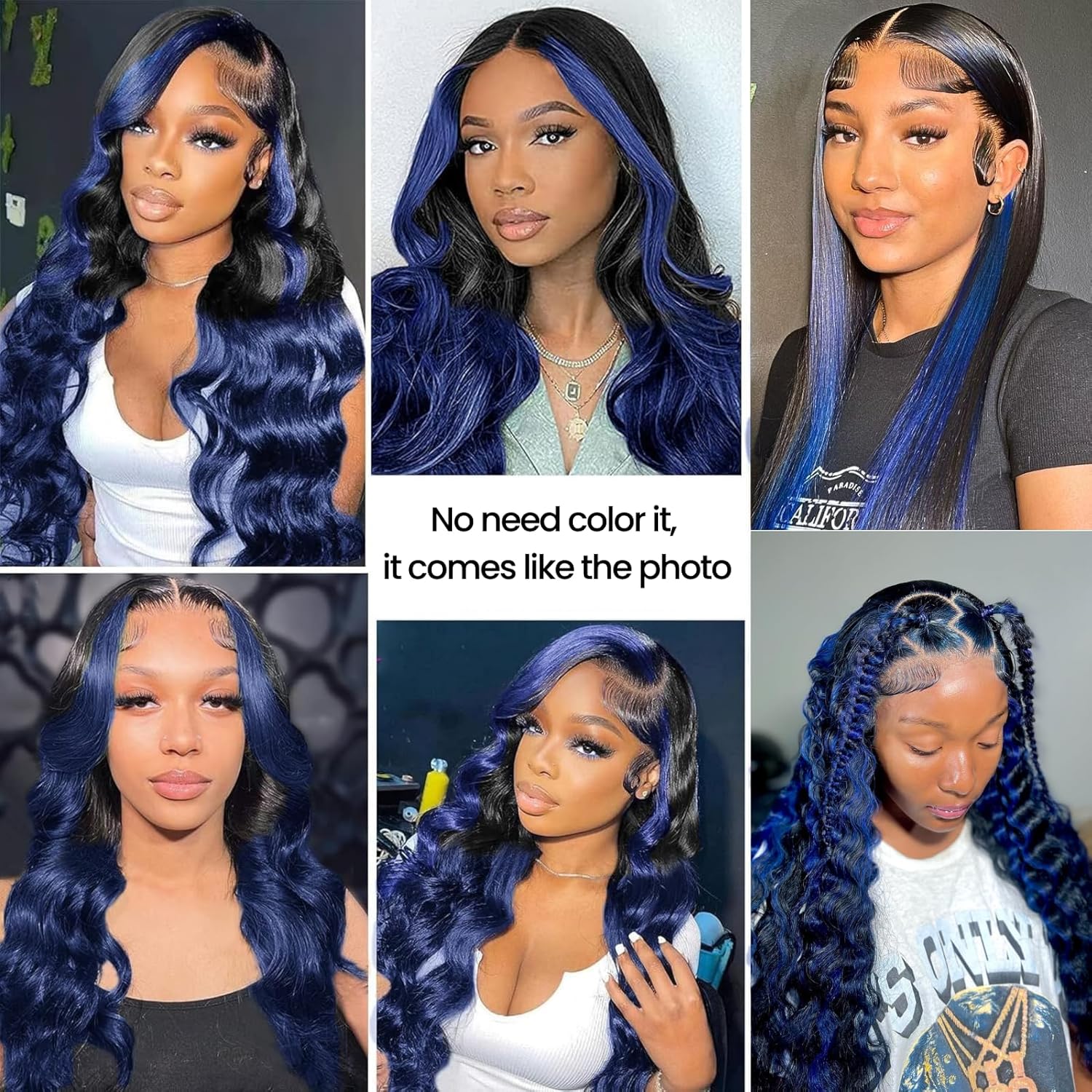 ALHER Black Mix Midnight Blue Highlight Bundle Human Hair Body Wave, 12A Soft Thick 3 Bundles Wavy Human Hair, 100% Remy Hair Balayage Two Tone Subtle Colored Double Weft (#1B/Blue, 12 14 16 IN)