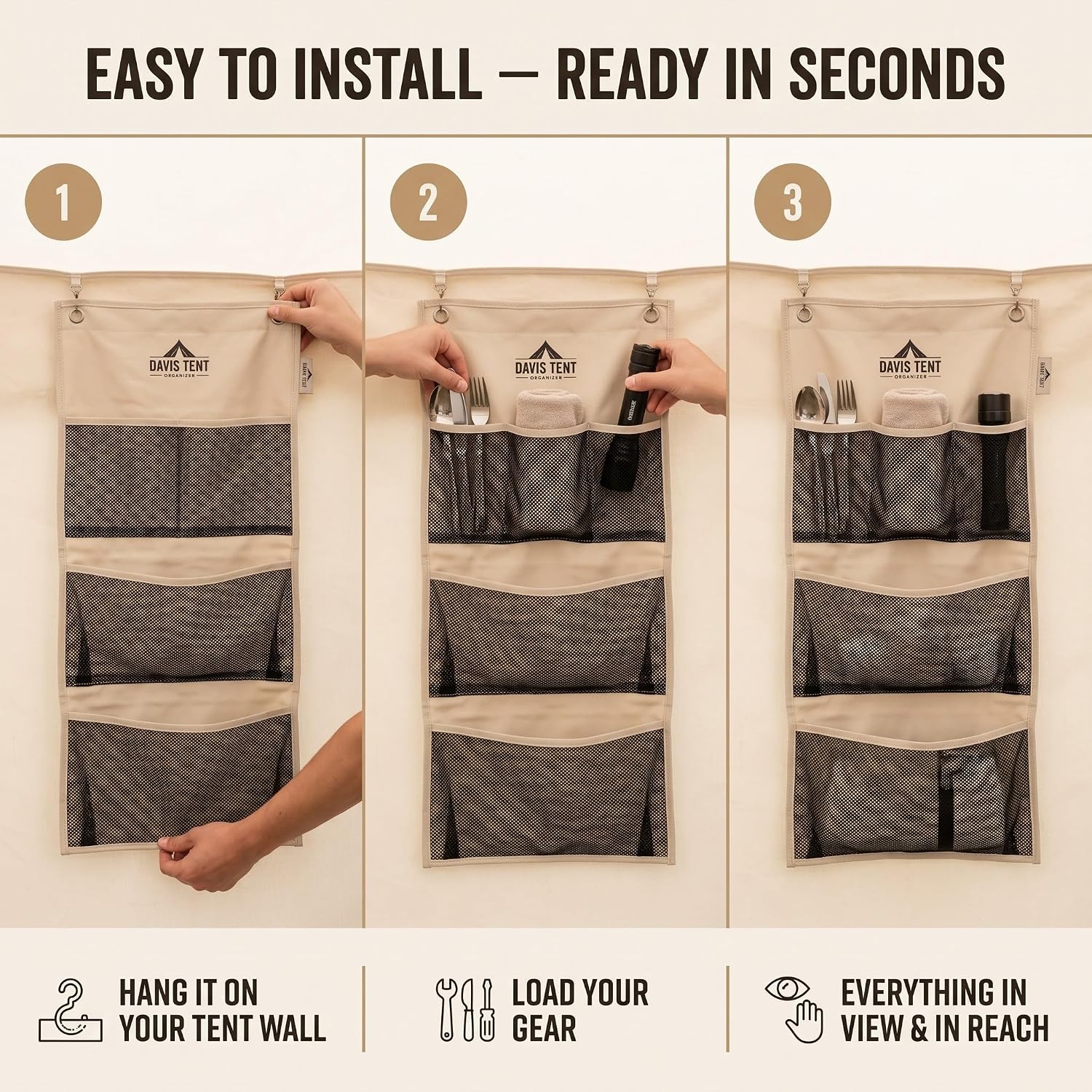 Davis Tent® Hanging Tent Organizer, Multi-Pocket Storage for Camping Gear, Clothes & Accessories, Heavy-Duty Fabric, Easy to Install, Compatible with Canvas Tents & Outdoor Shelters