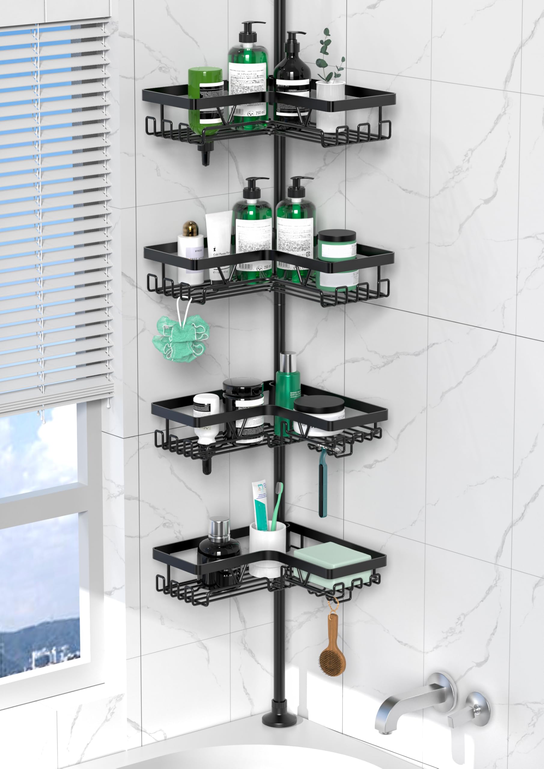 Photo 1 of DAOYA Corner Shower Caddy Tension Pole - 4 Tier Stainless Steel Rustproof Shower Corner Caddy for Bathtub Bathroom Shower Organizer Shelves Adjustable Pole 25-114.2 Inch Black
