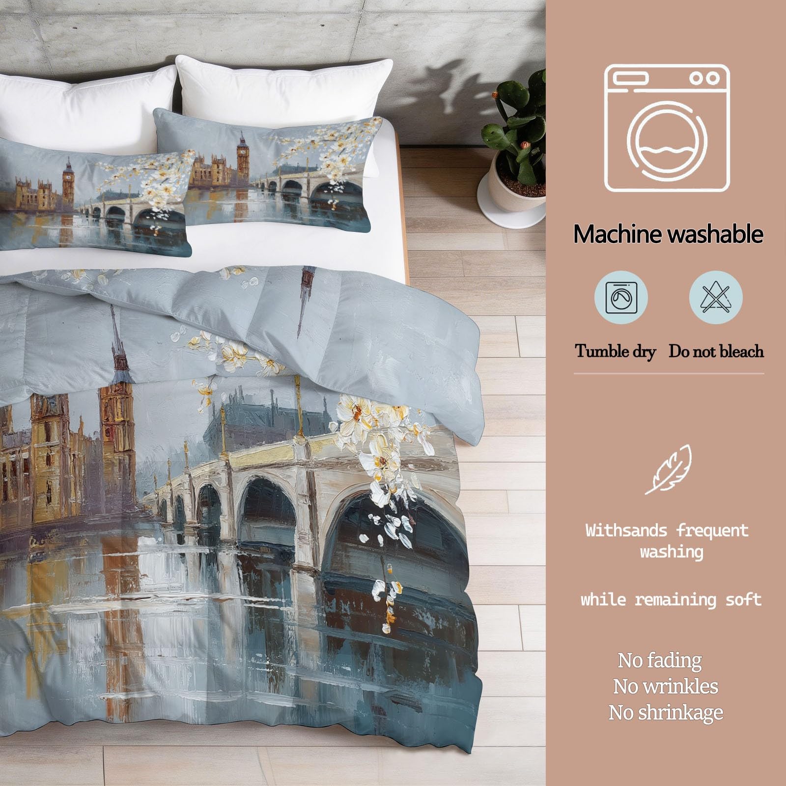 Piumino Reversibile 200x200 cm - Architettura Astratta Ponte - Per l'autunno e l'inverno e per le camere con temperature medie - Tocco Piuma, Caldo, Traspirante, Fiori Bianchi
