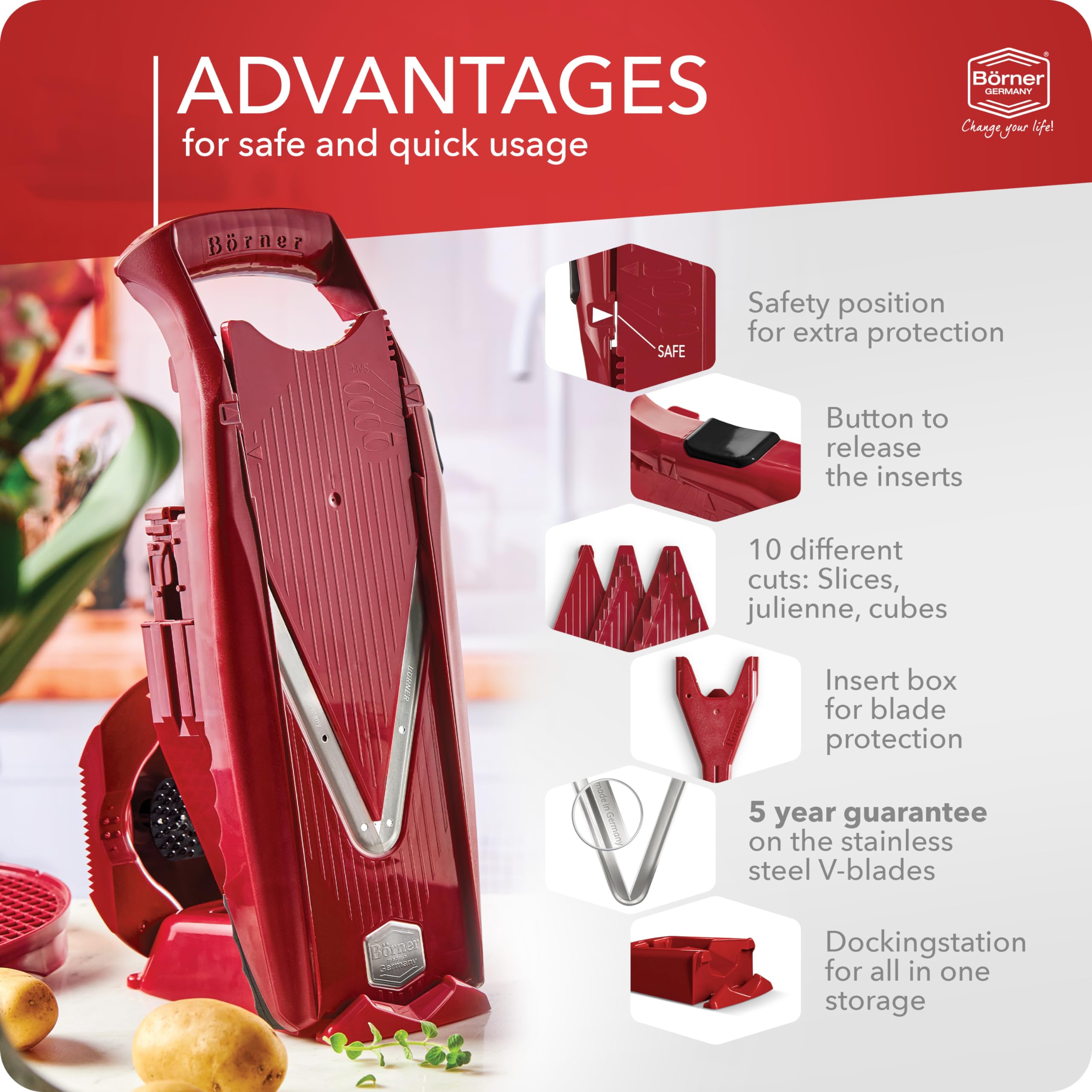 B&ouml;rner Affettaverdure V5 Set Iniziale - Mandolina A V Per Fette, Cubetti E Julienne, Arancione