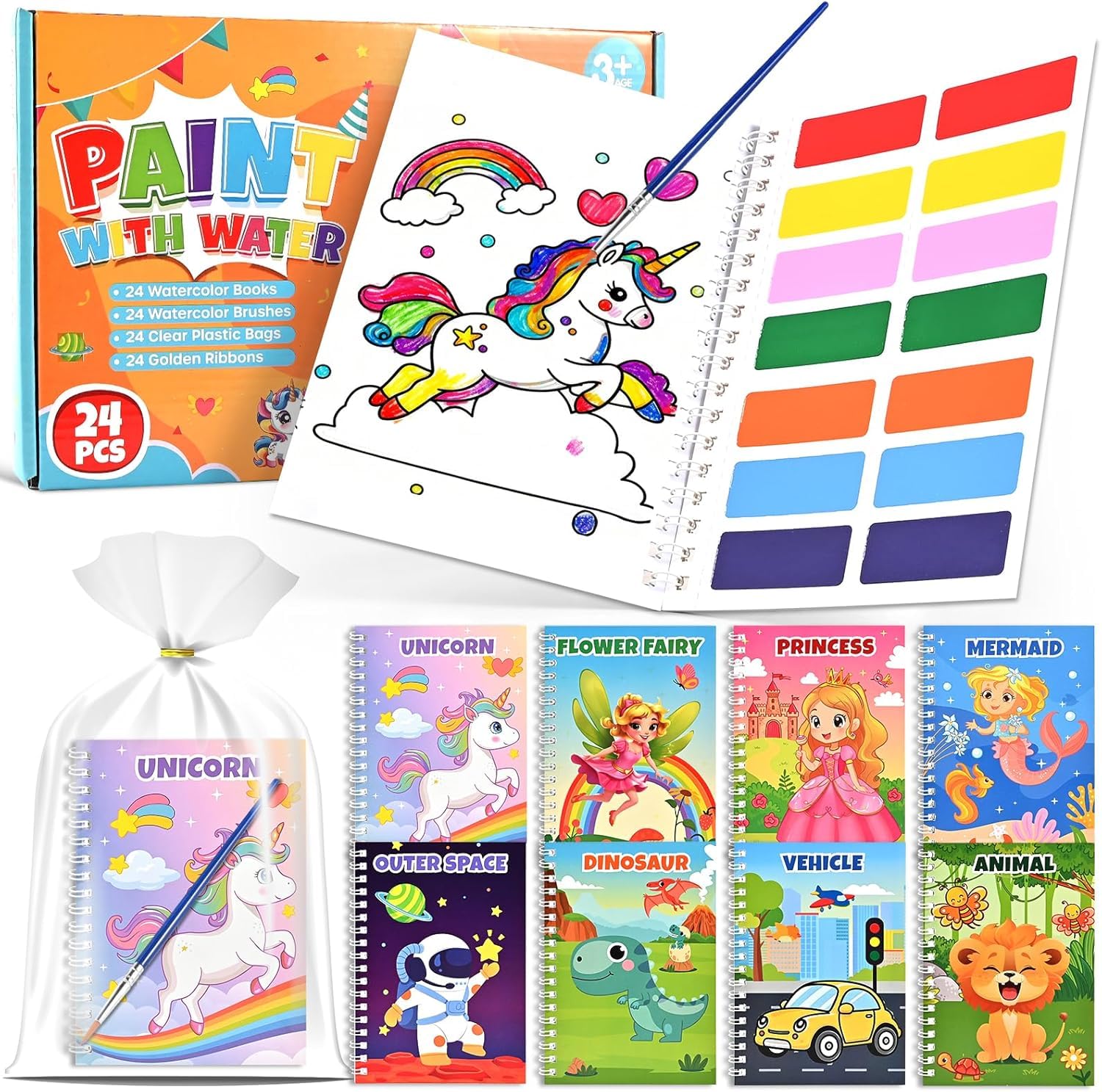 GOLDGE 24 Libri da Colorare Gadget Compleanno Bambini, Mini Libro da Colorare Set con Acquerelli Carta per Pittura Sacchetti Regalo Pennelli, Regalini fine Festa Compleanno 4-8 Anni