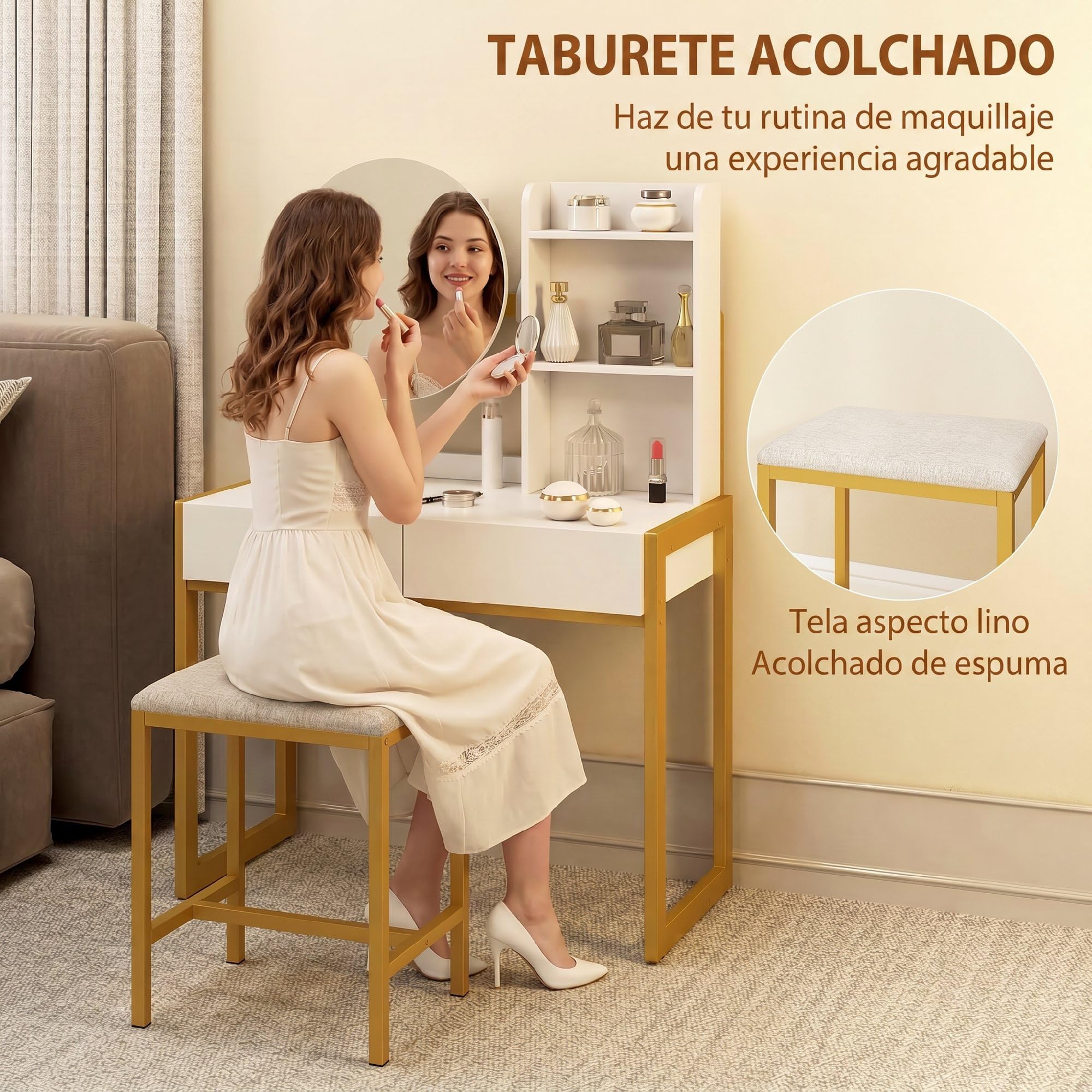 HOMCOM Tocador de Maquillaje con Espejo y Taburete Acolchado, Tocador con Estación de Carga, 2 Cajones, 3 Estantes Abiertos, Puerto USB, Estructura Metálica, para Dormitorio, Blanco