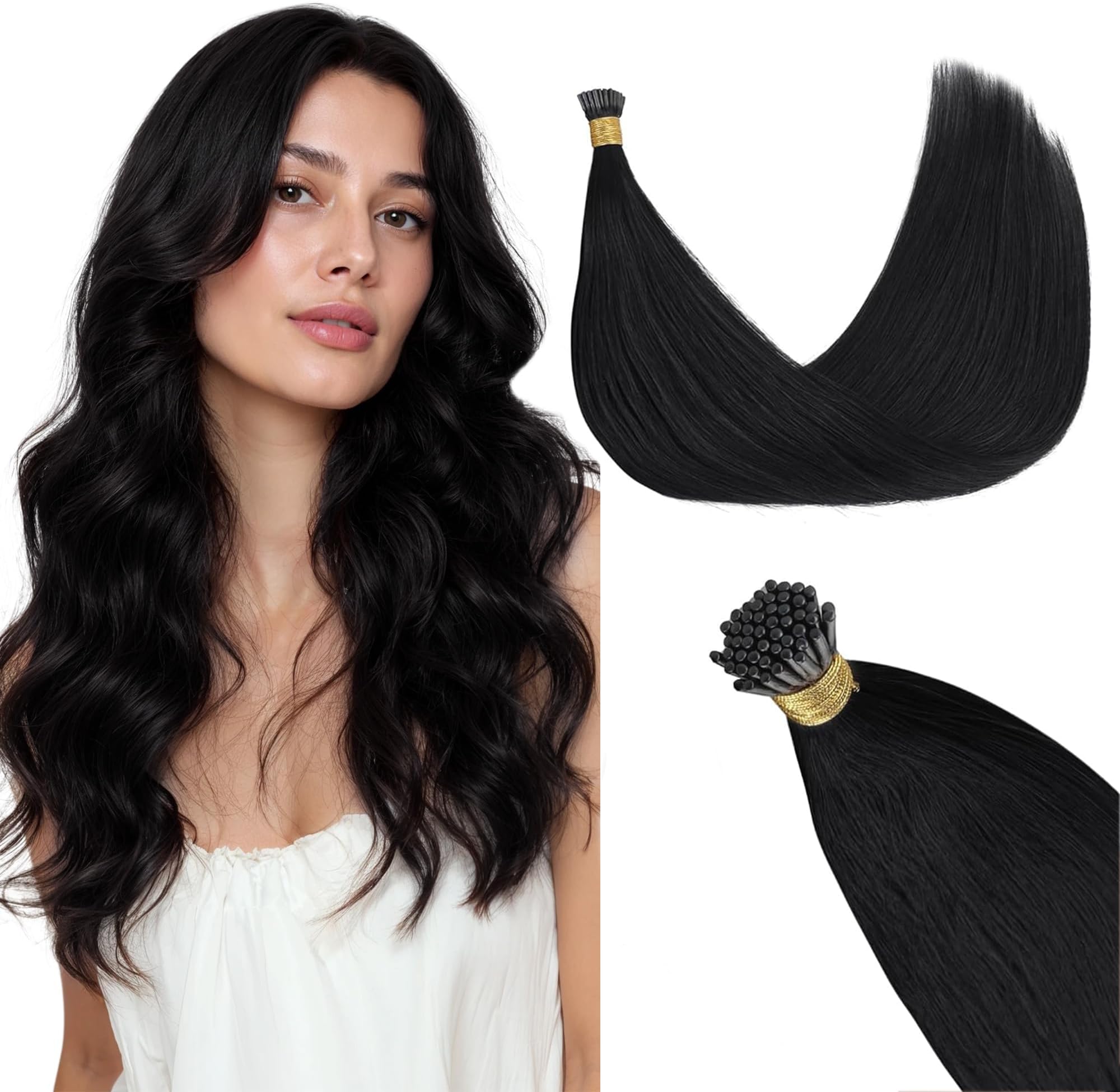 GOO GOO I Tip Hair Extensions Real Human Hair, 24inch 50g 50S, Cold Fusion I Tip Hair Extensions, Invisible Remy Hair, 1 Jet black