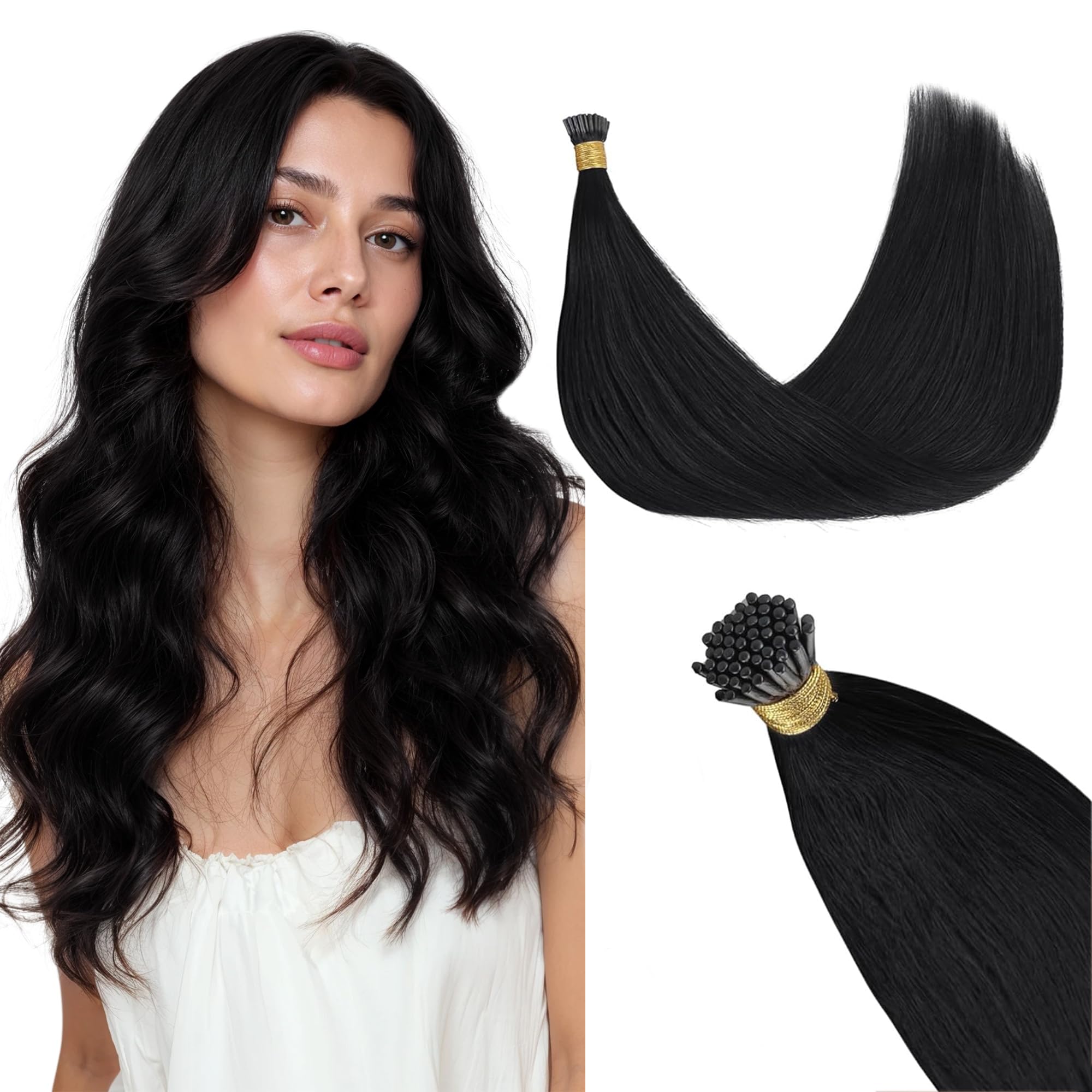 GOO GOO I Tip Hair Extensions Real Human Hair, 24inch 50g 50S, Cold Fusion I Tip Hair Extensions, Invisible Remy Hair, 1 Jet black