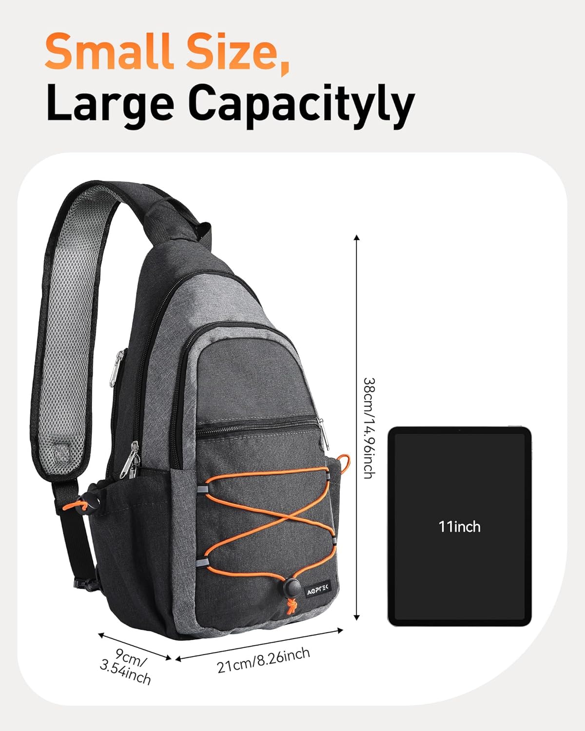 AGPTEK Sling Bag for Men Women, RFID Crossbody Daypack with Water Bottle Holder, Large Capacity EDC Chest Bag for Travel Day Trip Hiking Gym Cycling, Grey - Image 6