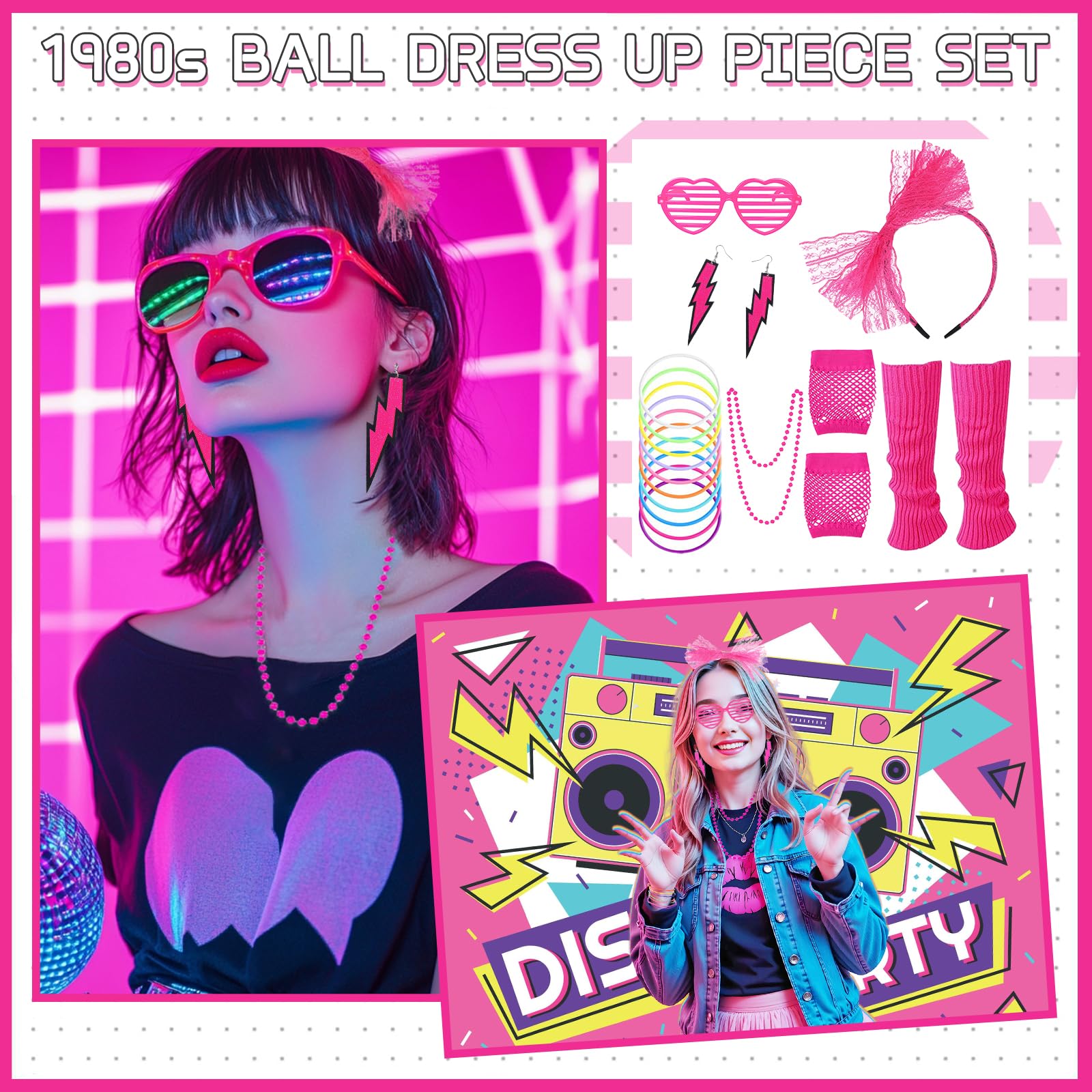 80s Fancy Dress Accessories Set, 1980s Retro Costume Kit with Bow Headband Leg Warmers Fishnet Gloves Earrings Necklace for Women Girls 80s Theme Party Hen Do Party Supplies (Rose Red) - Image 3