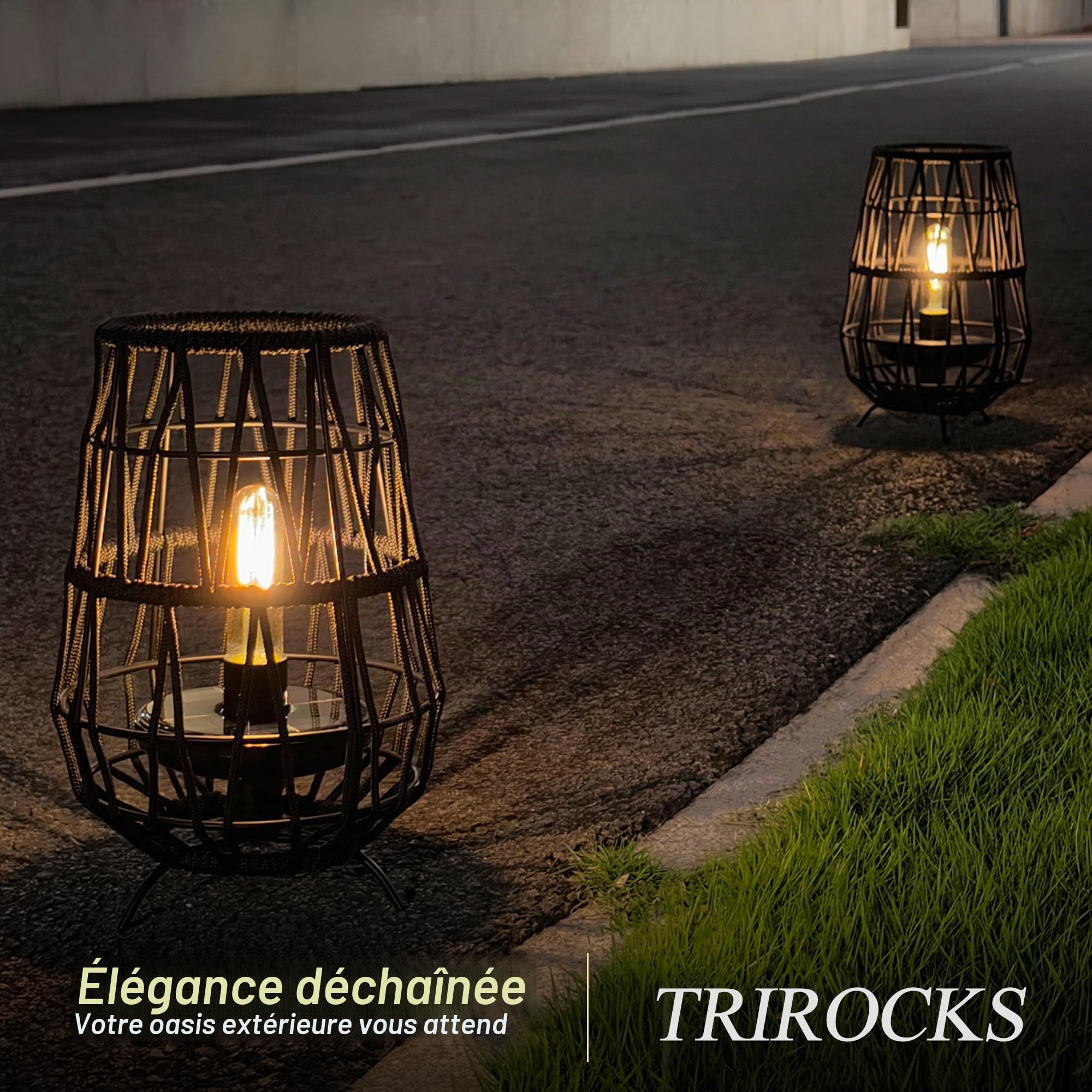 TRIROCKS Lot de 2 lampes solaires d'extérieur de 30 cm de haut avec corde en oléfine, décoration solaire étanche, lampe de table sans fil pour terrasse, pelouse, cour, décoration extérieure (noir)