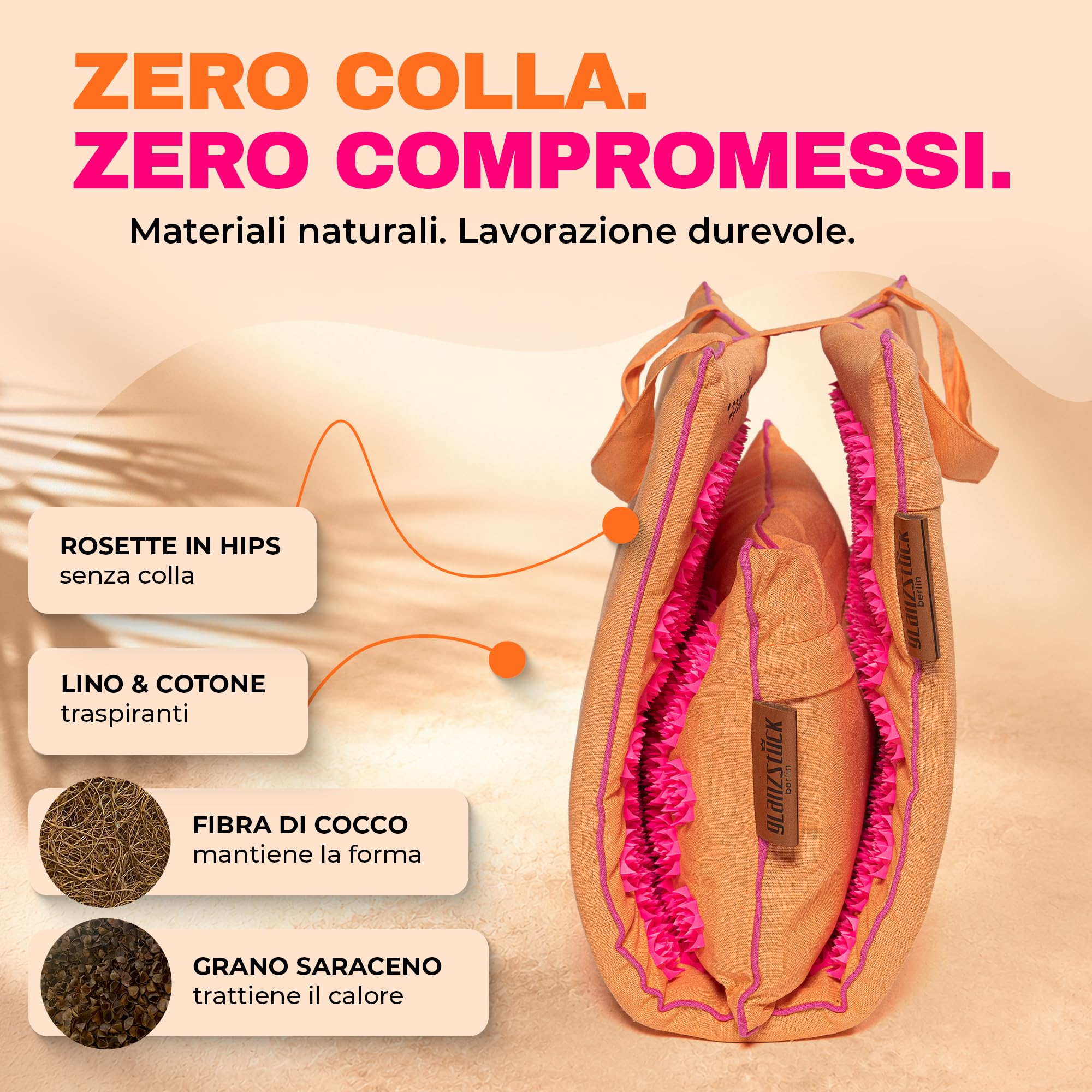 Glanzstück Berlin® Health Collection: Set di tappetini per agopressione XL Intense Color in lino, aiuto in caso di tensioni, mal di schiena, tappetino massaggiante con cuscino (funzione termica) e