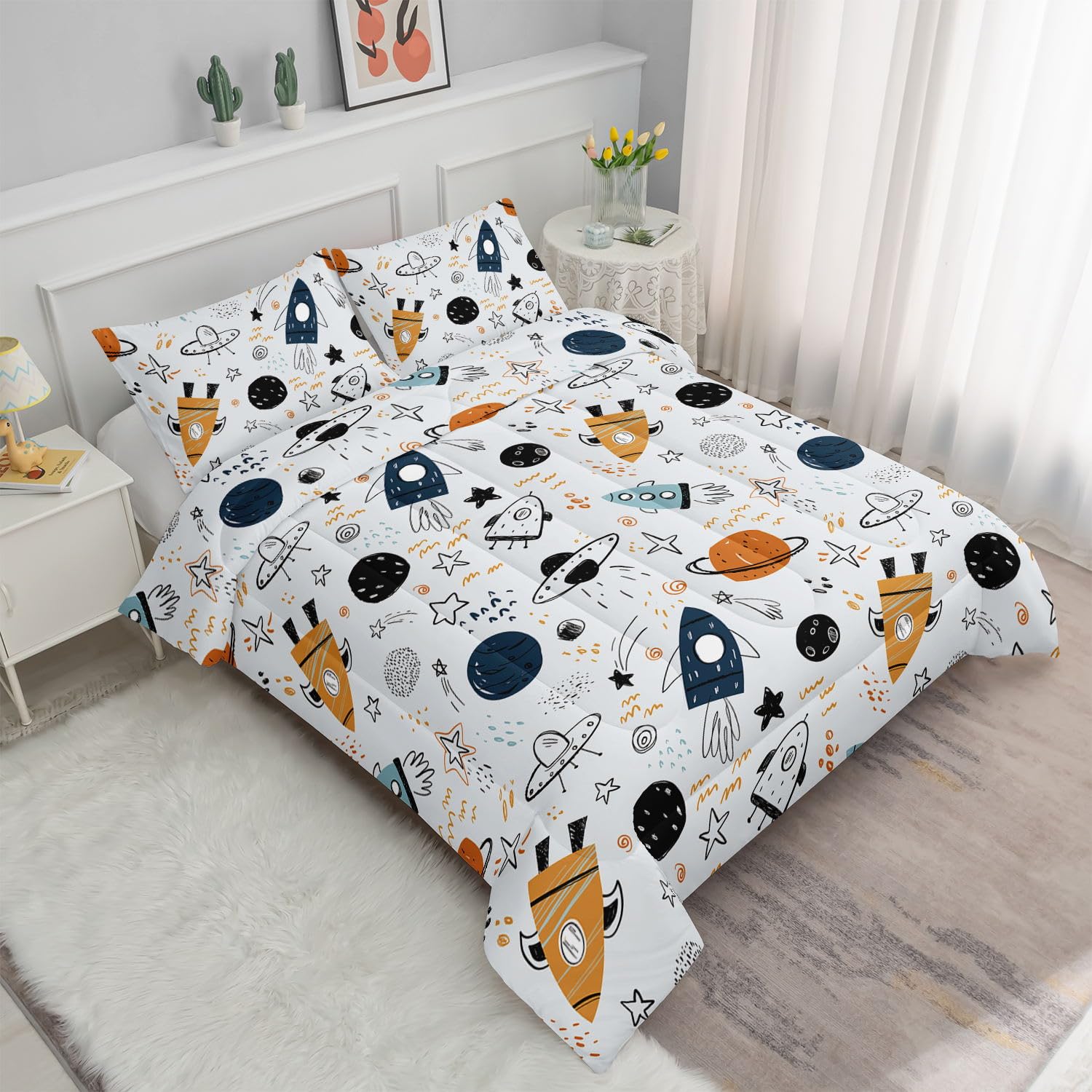 Datura home Space Universe Rocket Comforter Sets for Boys Girls Kids,Galaxy Alien Spaceship Planet,Duvet 3Pcs in Bedding Sets with 1 Comforter and 2 Pillowcases(Space Twin)