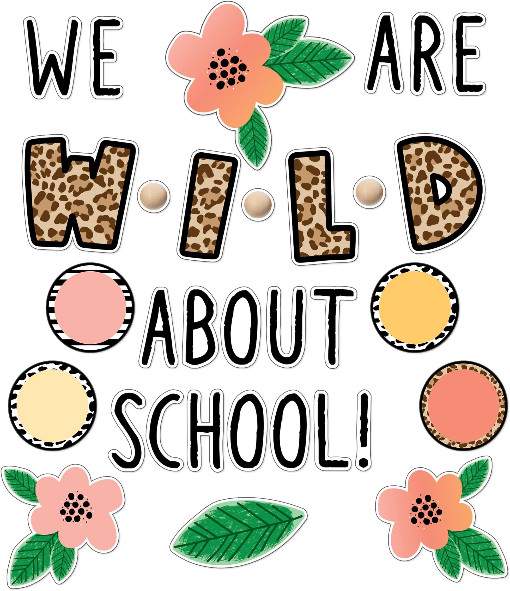 Schoolgirl Style Simply Safari We are Wild About School Bulletin Board Set, Boho Neutral Classroom Bulletin Board Set, Sweet Leaf & Flower Decor, Wood Bead Bulletin Board Decorations (99 pc)