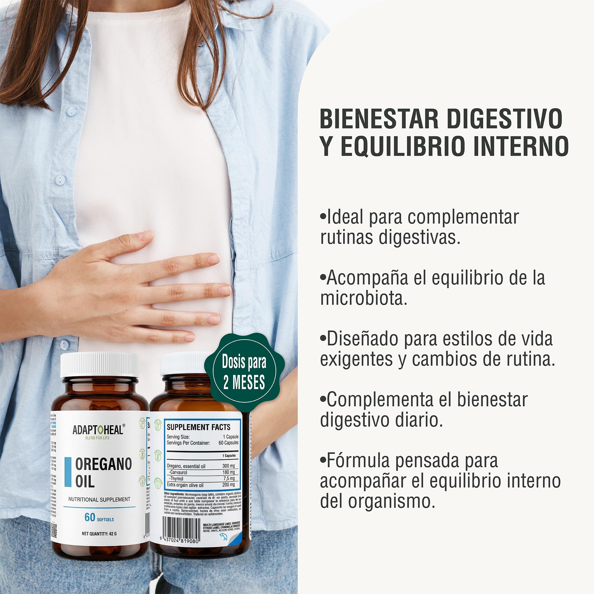 Adaptoheal Aceite de Orégano Silvestre - 60 Cápsulas Blandas con Aceite de Oliva Virgen Extra - Apoyo al Sistema Inmunitario y Bienestar Digestivo - Vegano y Sin Gluten - Dosis para 2 meses
