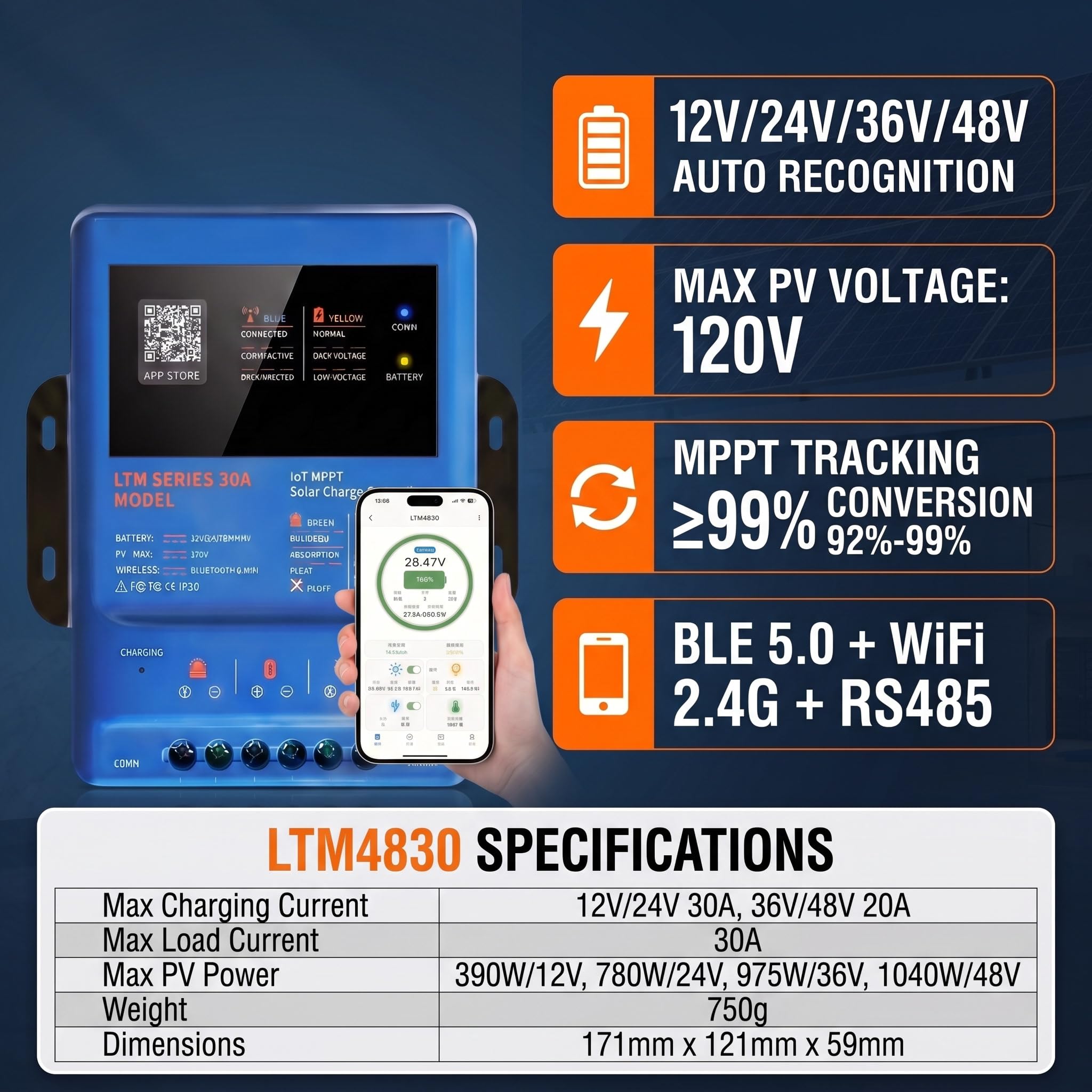 MPPT solarny regulator ładowania 30 A, 12 V, 24 V, 36 V, 48 V, 120 V, PV z aplikacją WiFi Bluetooth – inteligentny kontroler ładowania solarnego do przyczep kempingowych LiFePO4 AGM Off-Grid