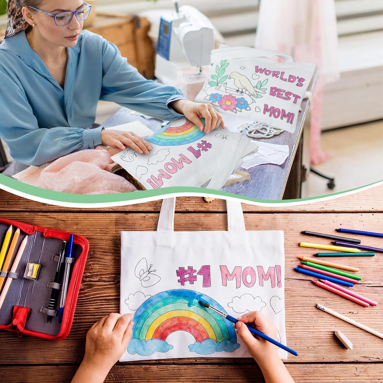 18 Pcs Mother's DIY Crafts Coloring Canvas Bags 10 x 7 Inch Colorful Gift Tote Bags Reusable Party Favor with Handles for Mother's Day Party Supplies