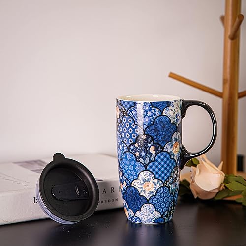 Miniatura 62 de DUSVALLY Taza de café de cerámica con tapa, taza de té de latte de porcelana con asa, 17 onzas, color negro Negro -,Negro y girasol,Azul,Flor