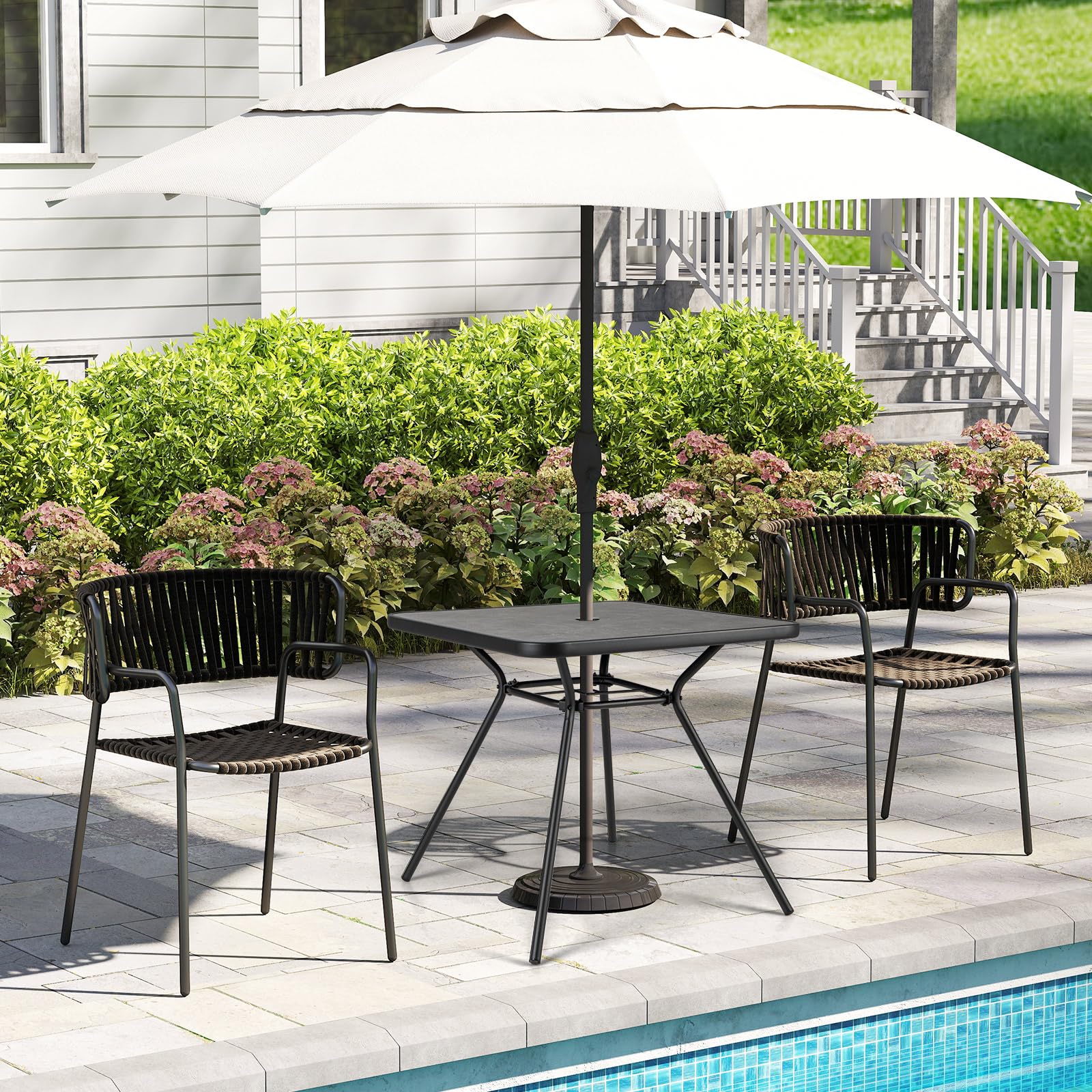 GIANTEX Table de Jardin Carrée, Plateau en SPC, Trou pour Parasol Ø 4 cm avec Couvercle, Pieds Réglable, Cadre en Métal Robuste, Charge 100 kg, Table Exterieur pour Jardin, Balcon, Terrasse, Noir