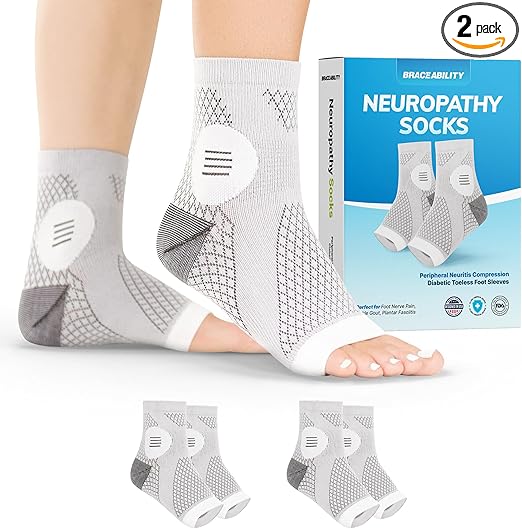 BraceAbility Neuropathy Socks (2 Pairs) - Multipack Peripheral Compression Diabetic Toeless Foot Sleeves for Nerve Damage in Feet, Ankle Gout, Plantar Fasciitis Relief for Men and Women (L - Gray)