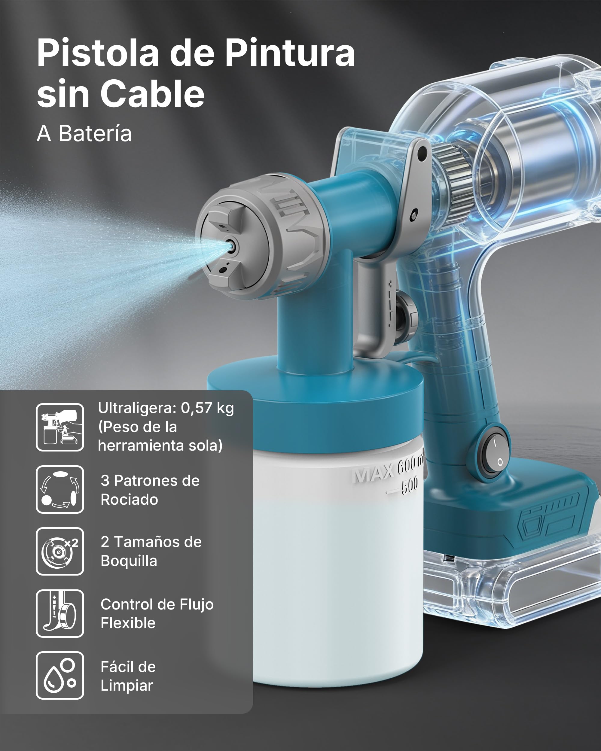 Tilswall Pistola de Pintura Eléctrica - Pistola Pulverizadora Eléctrica Inalámbrica y Ultraligera - Compatible Batería Makita 18V (No Incl.) 600ml, 2 Boquillas & 3 Modos, Para Pintar Paredes y Muebles