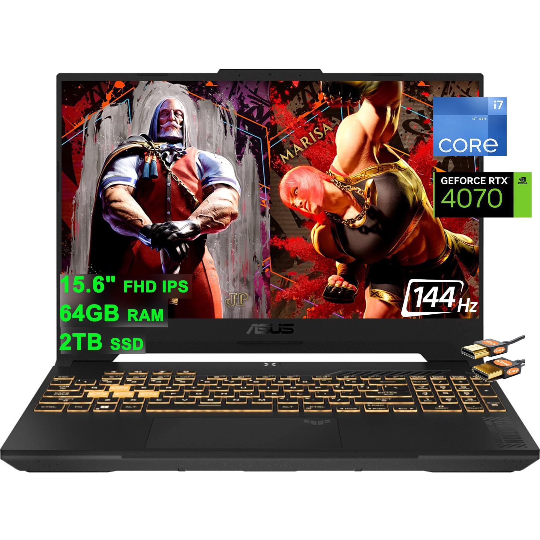 ASUSTUF F15 Gaming Laptop 15.6" FHD 144Hz Intel 14-Core i7-12700H (Beat i9-11950H) 64GB RAM 2TB SSD GeForce RTX 4070 8GB Graphic Backlit Thunderbolt 4 USB-C Win11 Grey + HDMI Cable