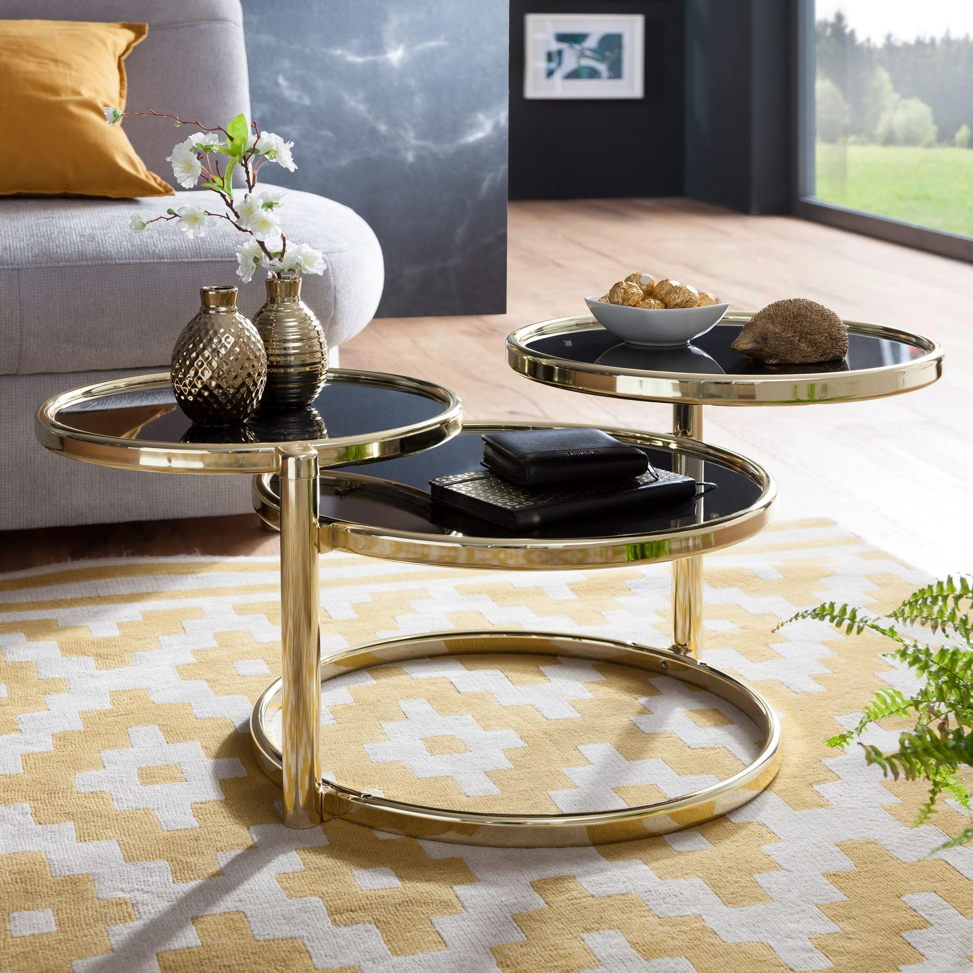 Wohnling Couchtisch 58x43x58 cm Glas Metall Schwarz Gold, 3 Tischplatten