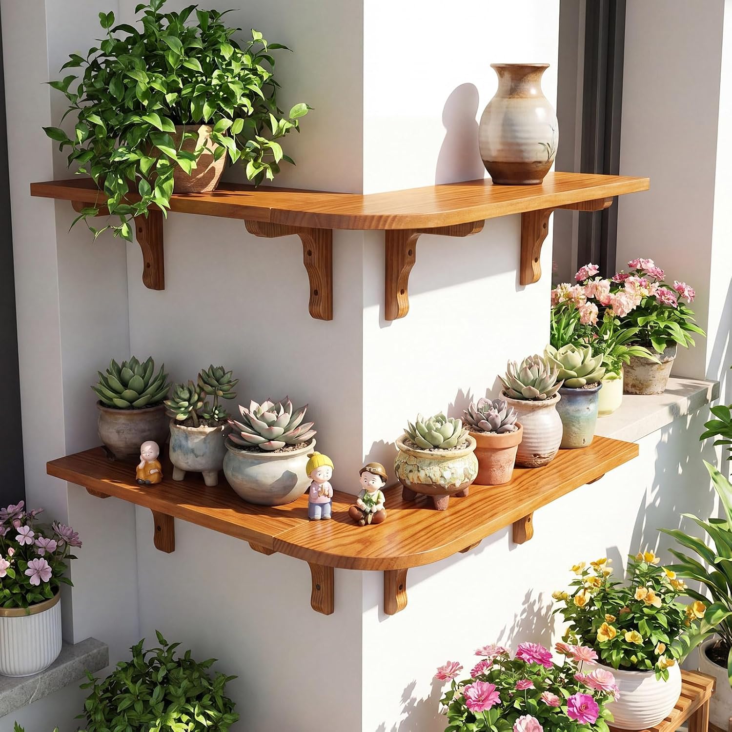 Pinkunn 2 Pack Wood Floating Corner Shelves - L-Shaped Wrap Around Wall Mounted Display Racks, 15.7" + 17.7" Large Rustic Storage Bookshelf for Living Room, Bedroom & Kitchen, Easy Assembly