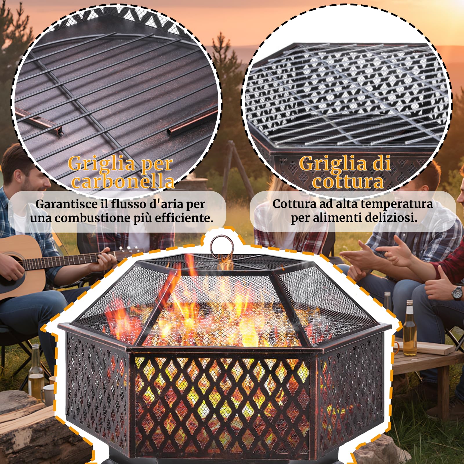 TLSUNNY Braciere da Esterno, Braciere da Giardino con Griglia, 71x71x63 cm | Fire Pit con Rete Protettiva, Griglia a Carbone e Attizzatoio, per Terrazza da Campeggio, Campeggio Riscaldamento