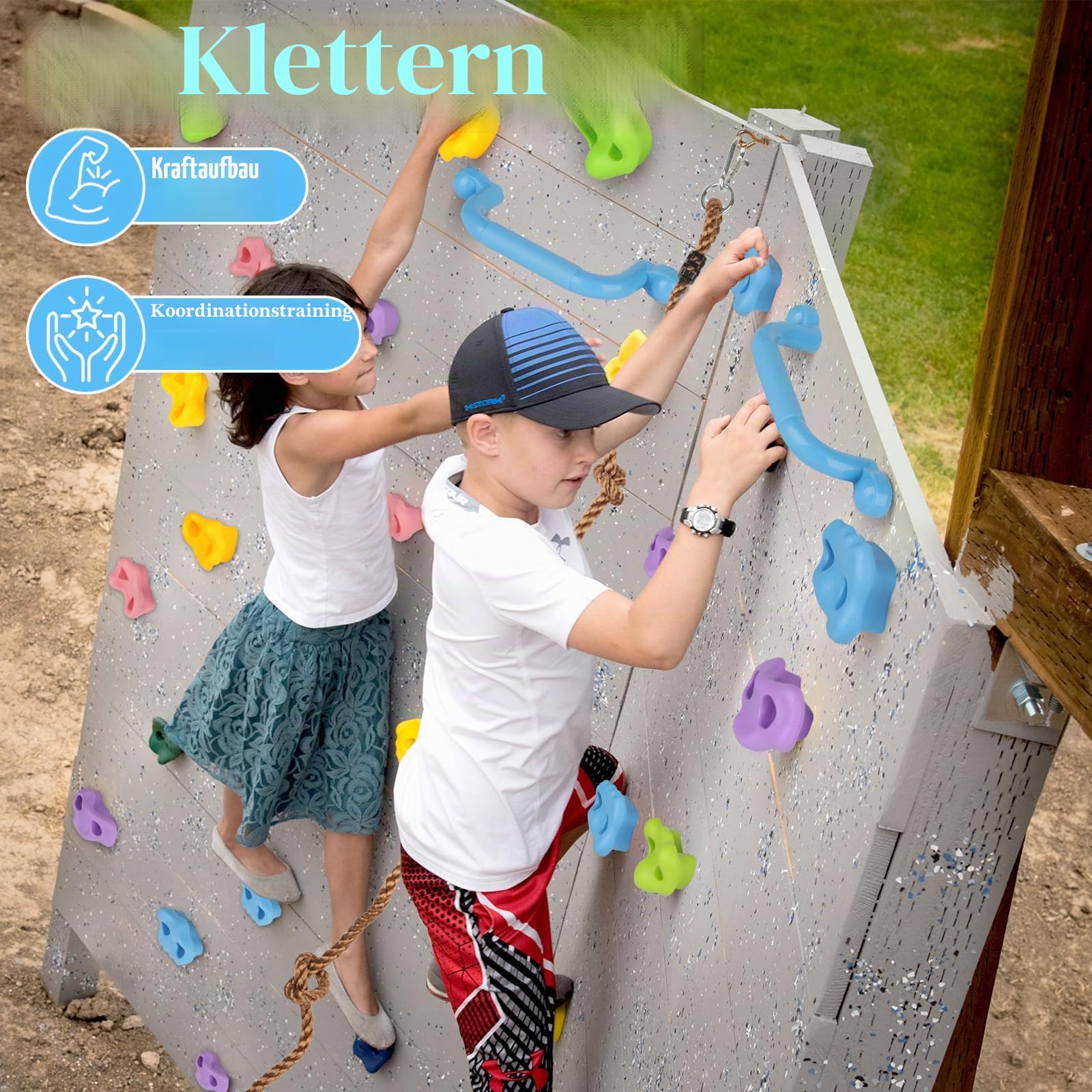20 Stück Klettergriffe Kinder Outdoor - Klettersteine | Kletterwand Griffe Für Spielturm, mit 2 Griffen und 270 cm Kletterseil, Rock Wall Climbing Holds Steine helle Kletterfarbe