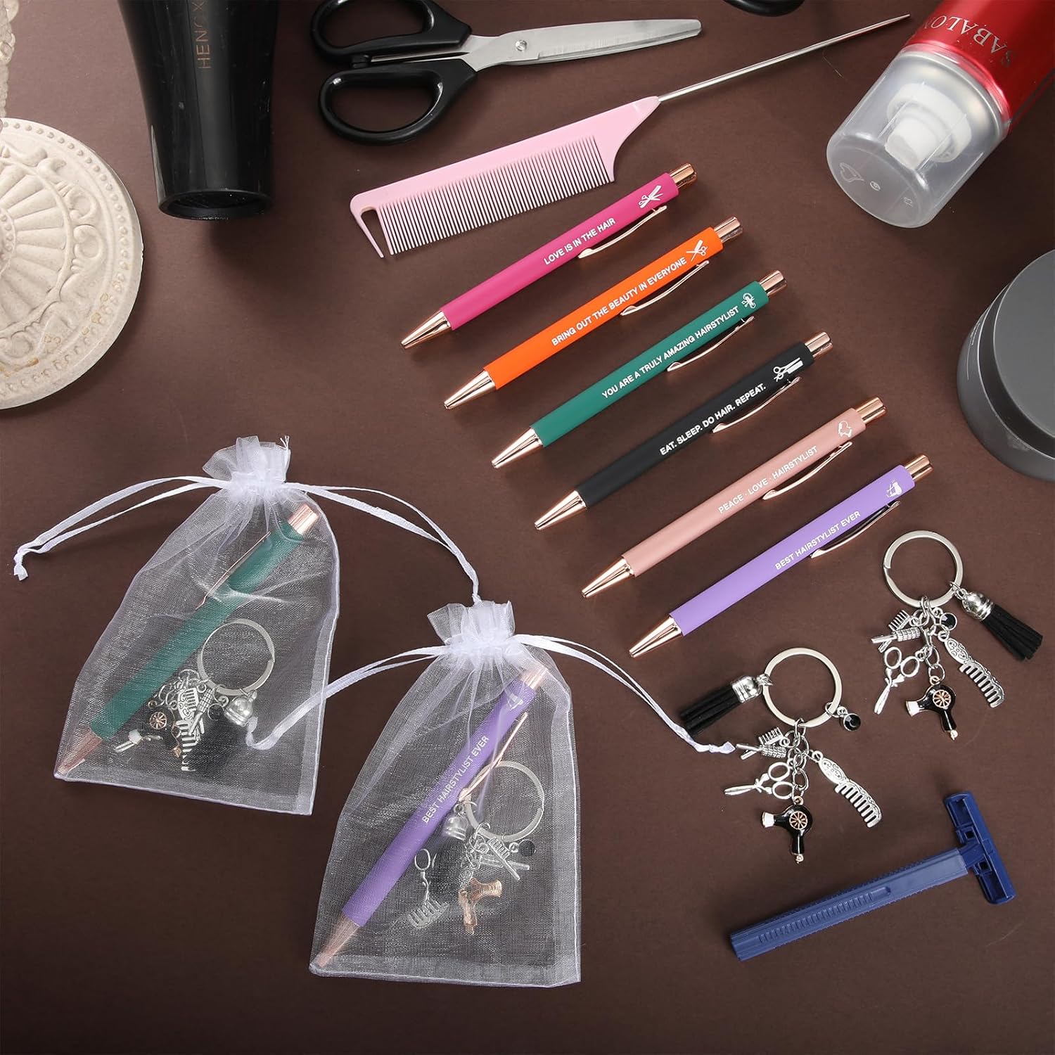 12 Sets Hair Stylist Gifts Including Ballpoint Pens Comb Scissors Charm Keychain for Hair Stylist Hairdresser Birthday Christmas Thanksgiving Gift