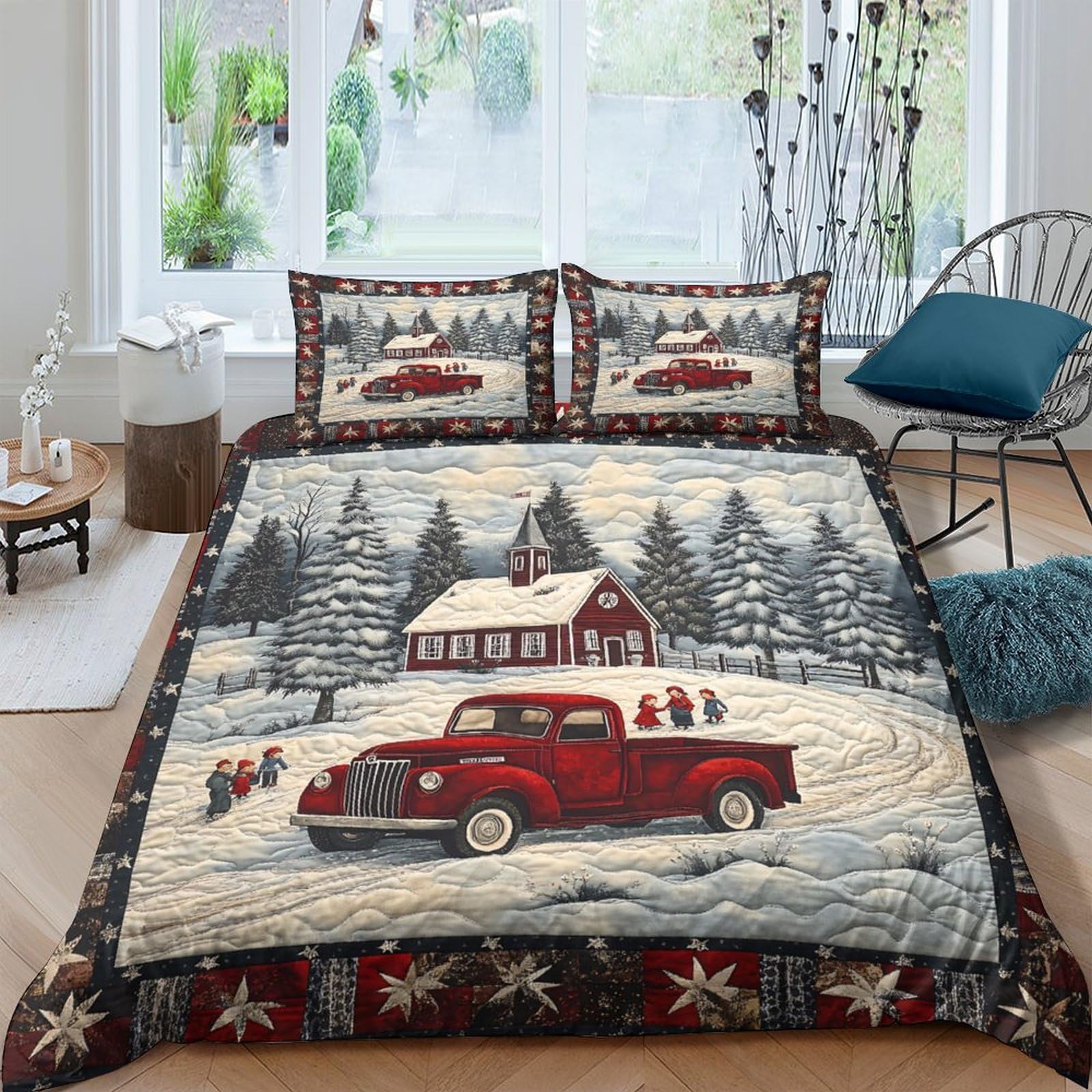 Ctjqhvkz Style-4 3D Printed Red Vintage Car Winter Scene Fitted Sheet Microfiber Bedroom Decor Christmas Cabin Mattress Cover Single（135X200cm）