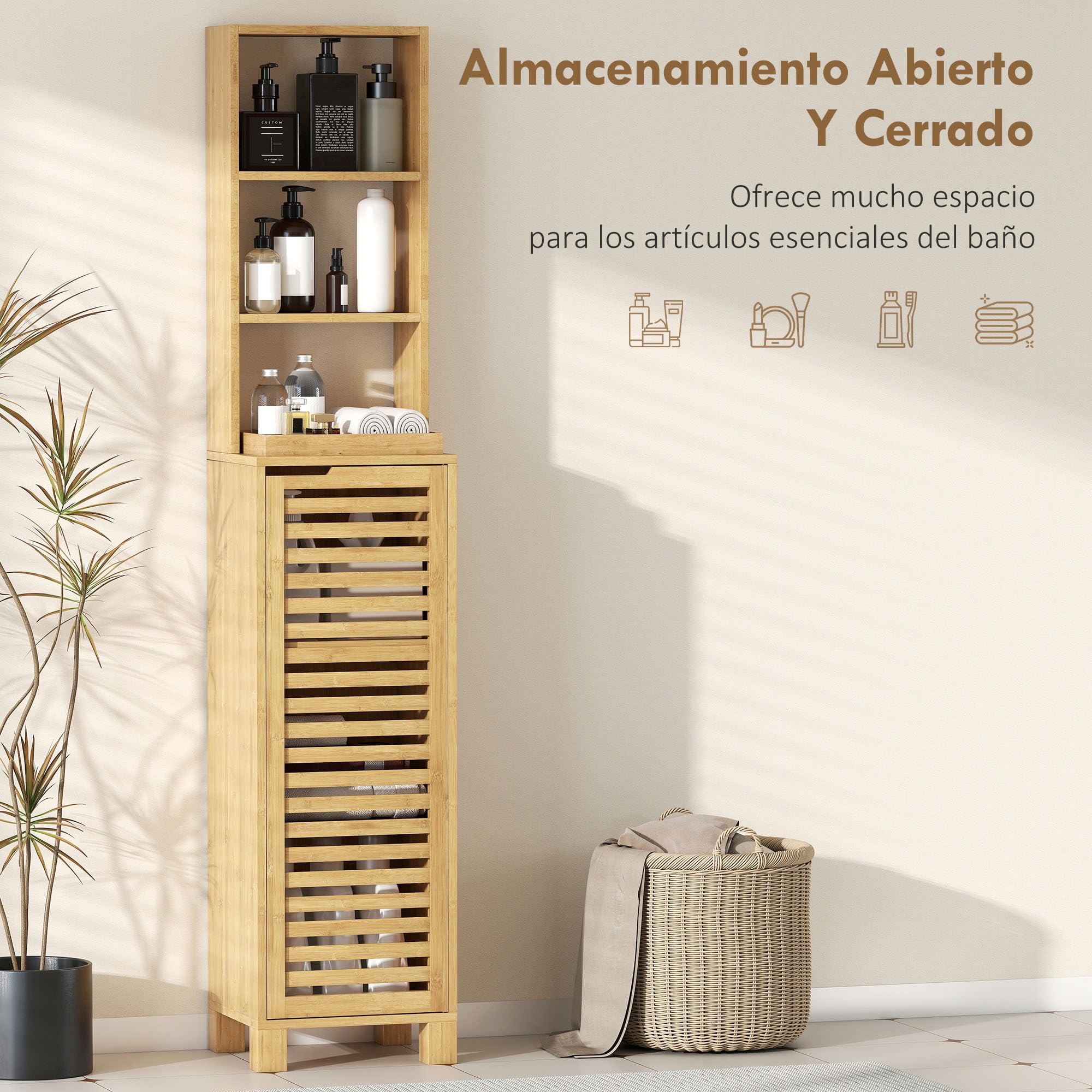 HOMCOM Armario de Baño de Bambú, Mueble Auxiliar, 34x30x170 cm Natural | Columna de Baño Estrecha, Estante Abierto, Puerta de Lamas, Estante Ajustable