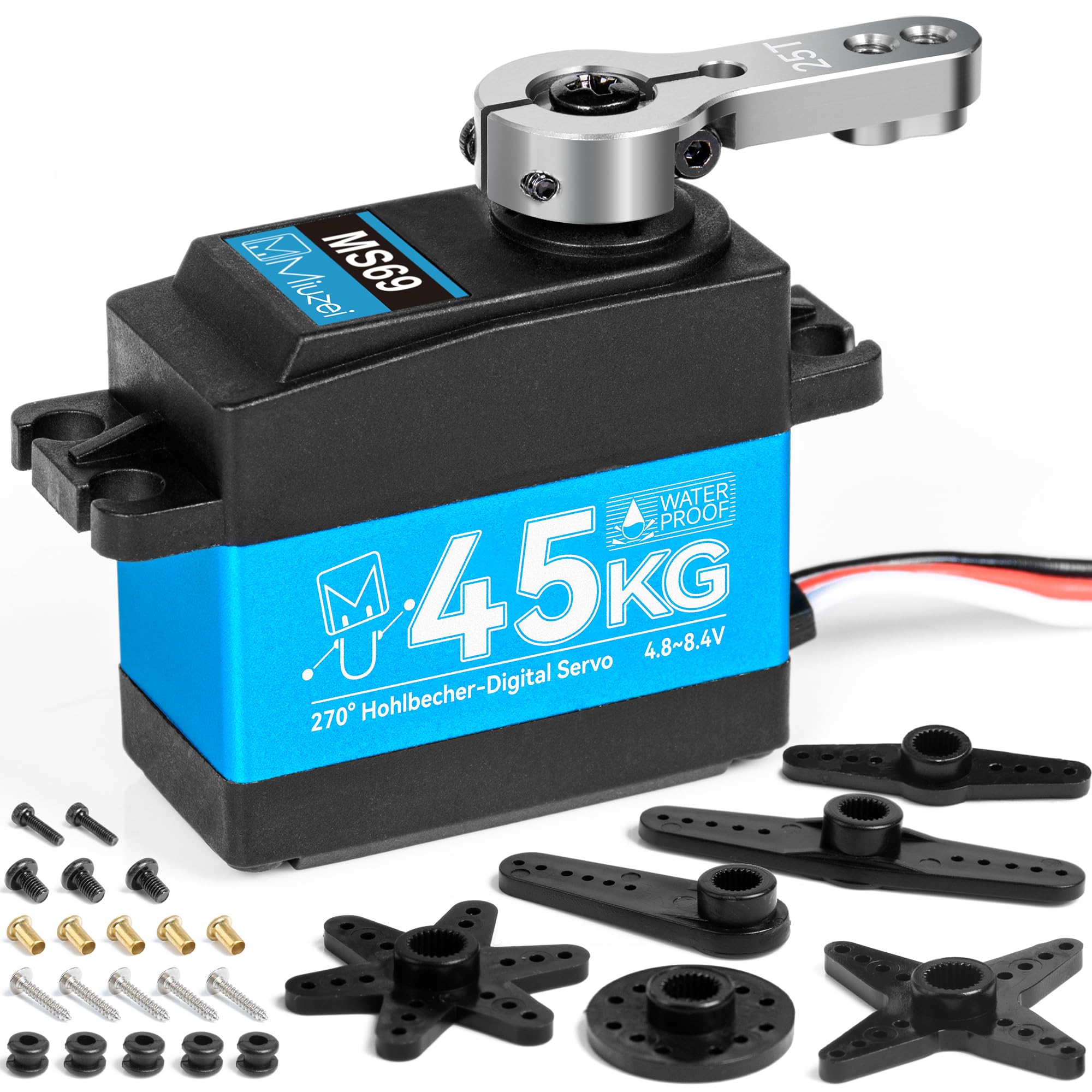 Miuzei RC Servo 45KG 270° bezrdzeniowy silnik cyfrowy serwo wysoki moment obrotowy w pełni metalowa skrzynia biegów do samochodu 1/8 1/10 1/12 ramię robota łodzi wodoodporna 4,8-6,0-8,4 V przekładnia