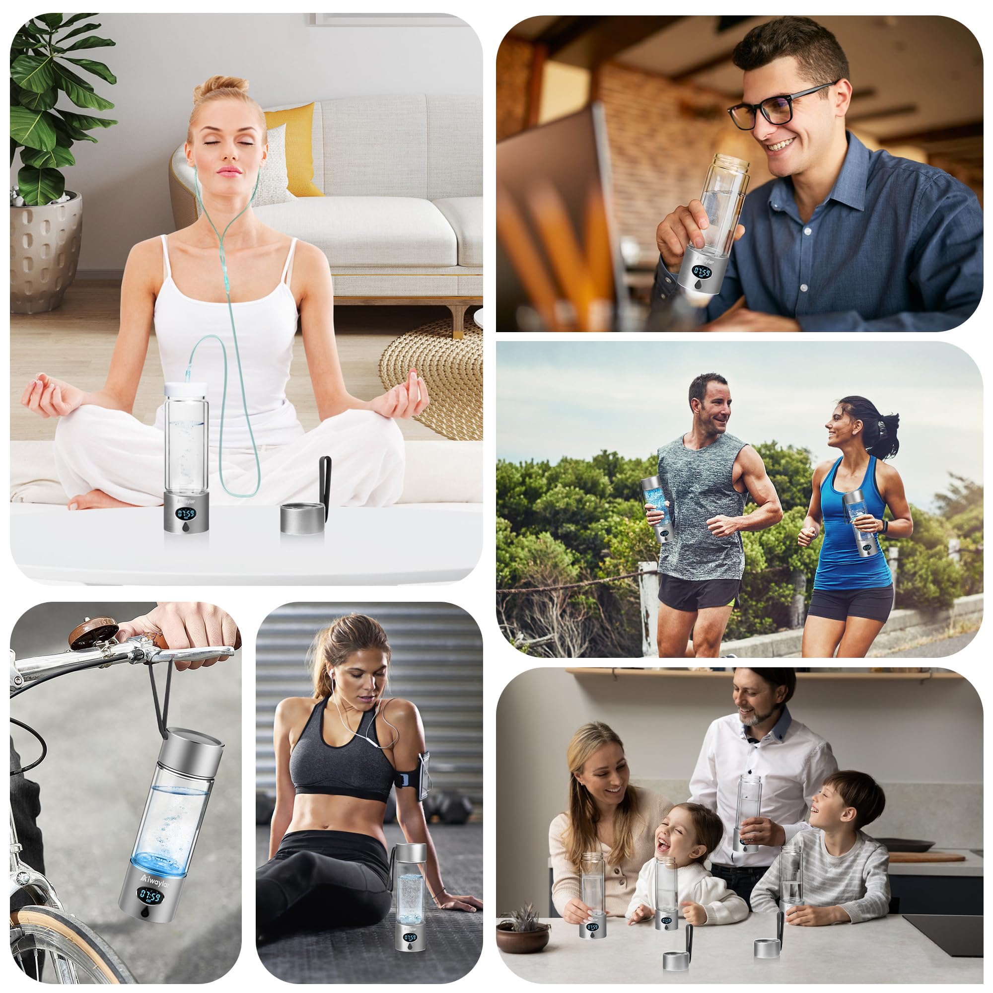 Aiwaylar Borraccia idrogeno, portatile, ricaricabile, timer LED, 3 modalità di lavoro, alluminio e vetro, 360 ml, ionizzatore d'acqua con tecnologia PEM/SPE, adatta per ufficio, casa, palestra