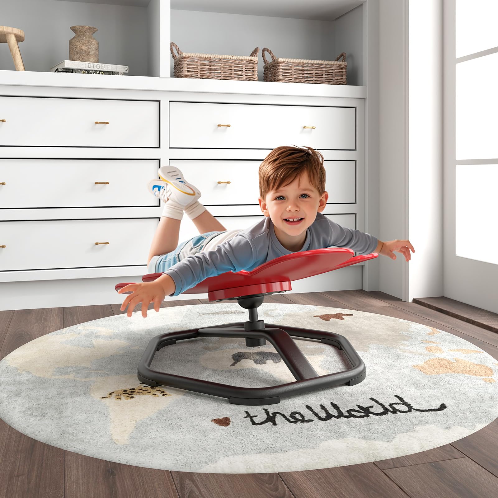 COSTWAY Sedia Girevole a 360° per Bambini, Sedia Sensoriale con Base in Metallo Antiscivolo per Allenare la Coordinazione Fisica e l'Equilibrio, Giocattolo per Cameretta (Rosso,Fiore)