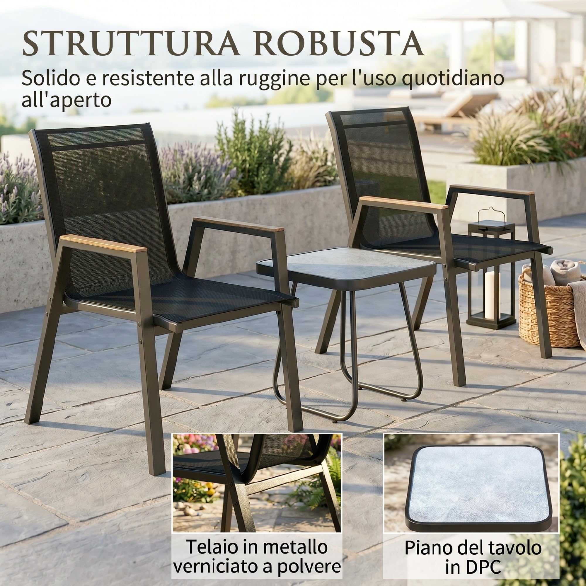 Outsunny Set da Bistrò da 3 Pezzi con 2 Sedie in Texteline, Tavolo Effetto Marmo e Braccioli Decorativi, Set di Mobili da Giardino in Metallo per Terrazzo Patio Balcone, Nero