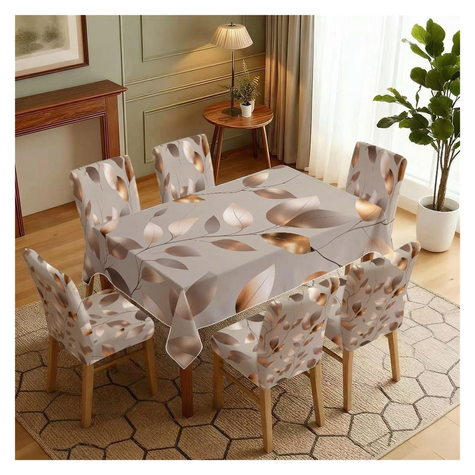 KXUAUV Golden Brown Leaf Print Dining Tablecloth & Chair Covers Set, 5/7 Pack Stretch For Daily Meal, Dinner, Banquet, Party, Indoor Home Decor Party Decor(7pcs Set: Tablecloth+Chair Covers)