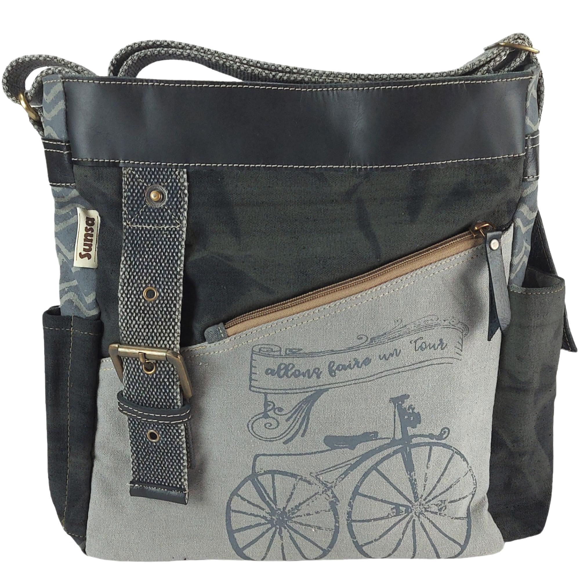 Sunsa Damen Umhängetasche.Fahrradmotiv Schultertasche, grau/schwarz Tasche | Canvas & Leder Handtasche, Vintage Damentasche mit viel Fächer & verstallbare Henkel. Große Crossover Damentasche
