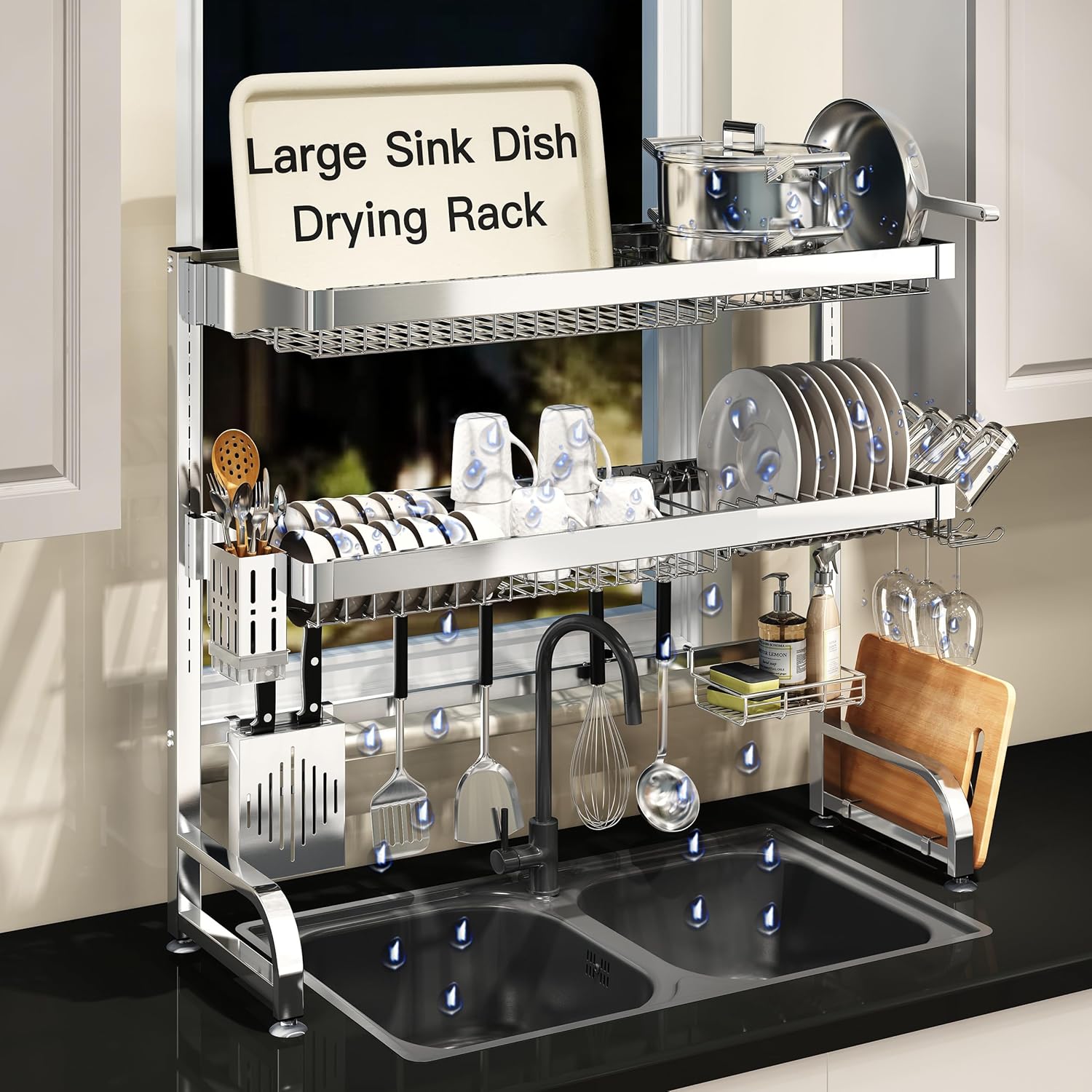 MAJALiS Over Sink Dish Drying Rack 3 Tier Full Stainless Steel Large Drainer for Kitchen, Height Adjustable Above Sink Shelf, Expandable Space Saving Over Counter Organizer with 10 Hooks, Silver