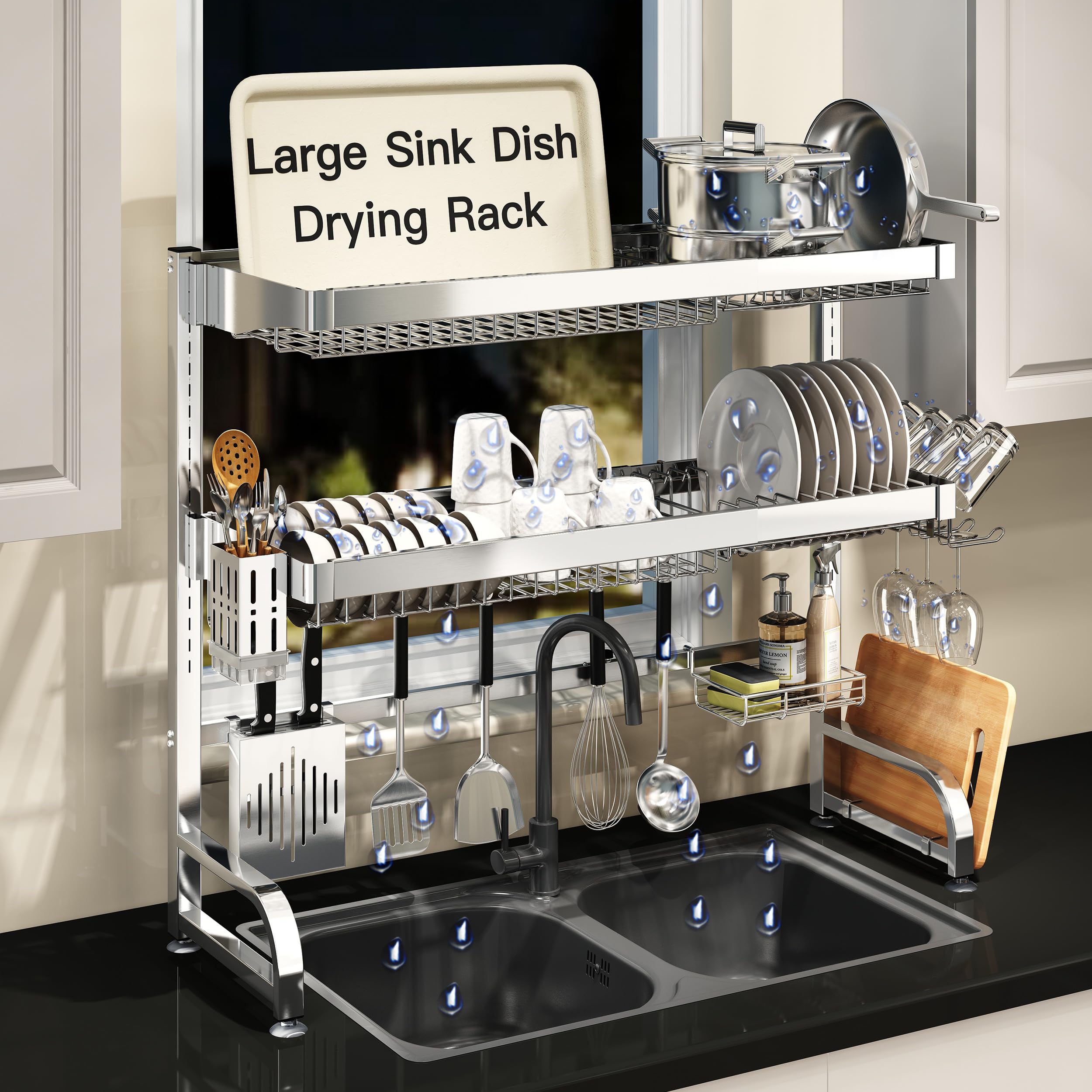 3 Tier Extra Large Stainless Steel Expandable Over The Sink Dish Drainer Drying Rack, Rust Proof Metal, Space Saving, Modern Silver Big Capacity Extendable Plate Strainers Above Kitchen Counter