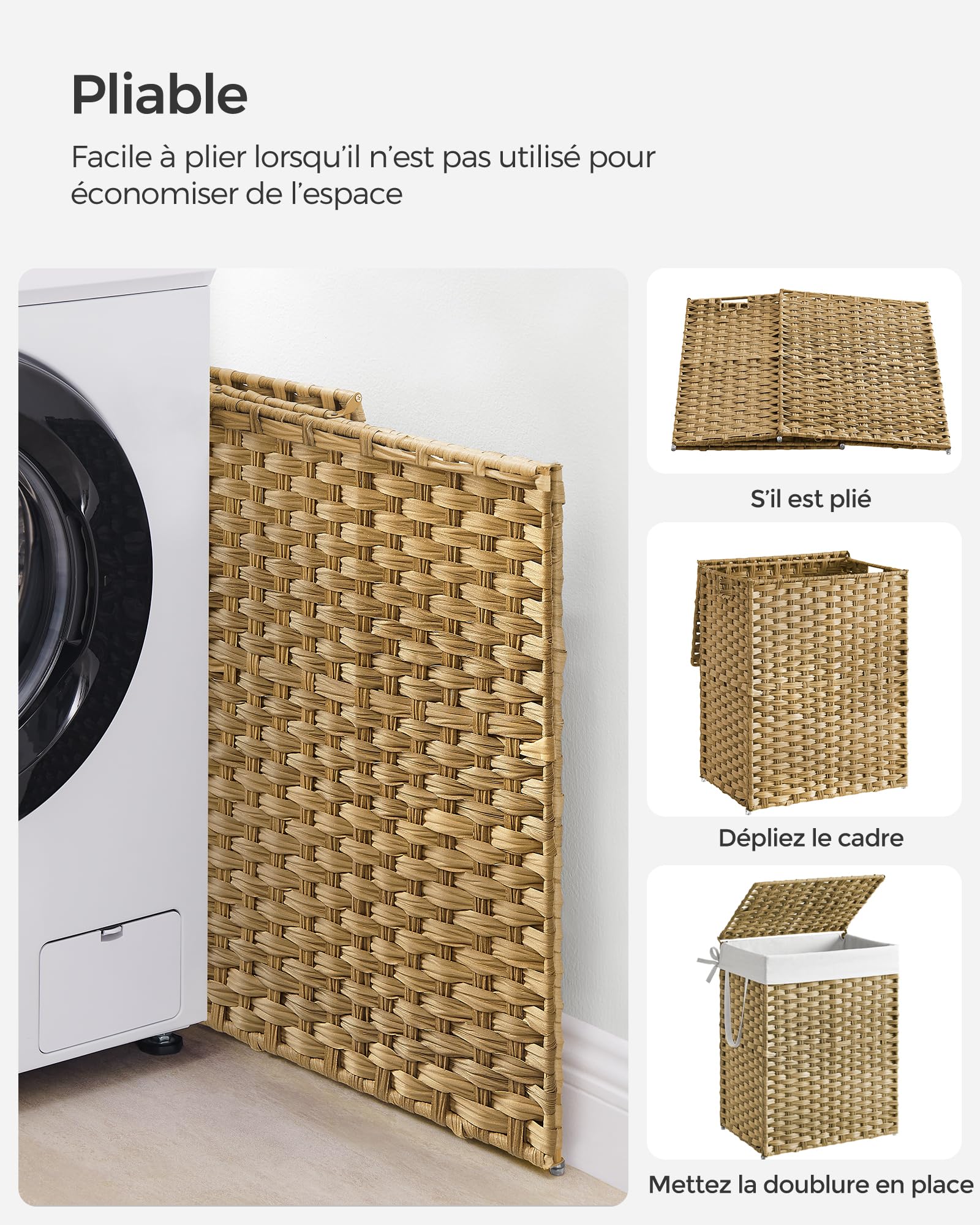 SONGMICS Panier de Rangement, Corbeille Linge Sale 90L avec Couvercle, Pliable, Sac en Tissu Amovibles et Poignées, pour Couvertures, Vêtements, Salon, Chambre, Buanderie, Couleur Boisée LCB51NL