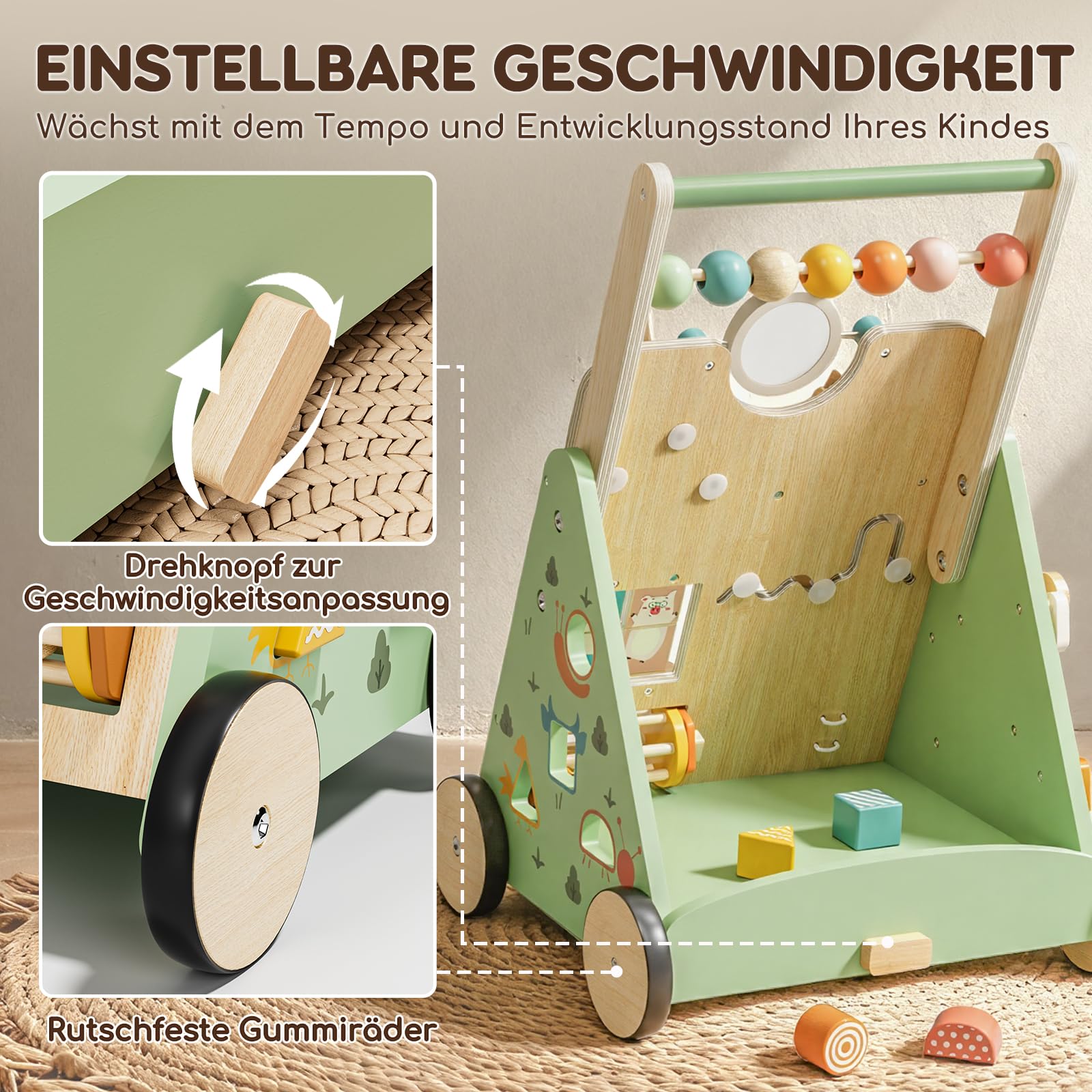 Lauflernwagen, Bauernhof Lauflernhilfe mit 10-in-1 Activity Center, Gehhilfe Baby, Lauflernwagen Holz mit Bremse, Montessori Spielzeug ab 1 jahr