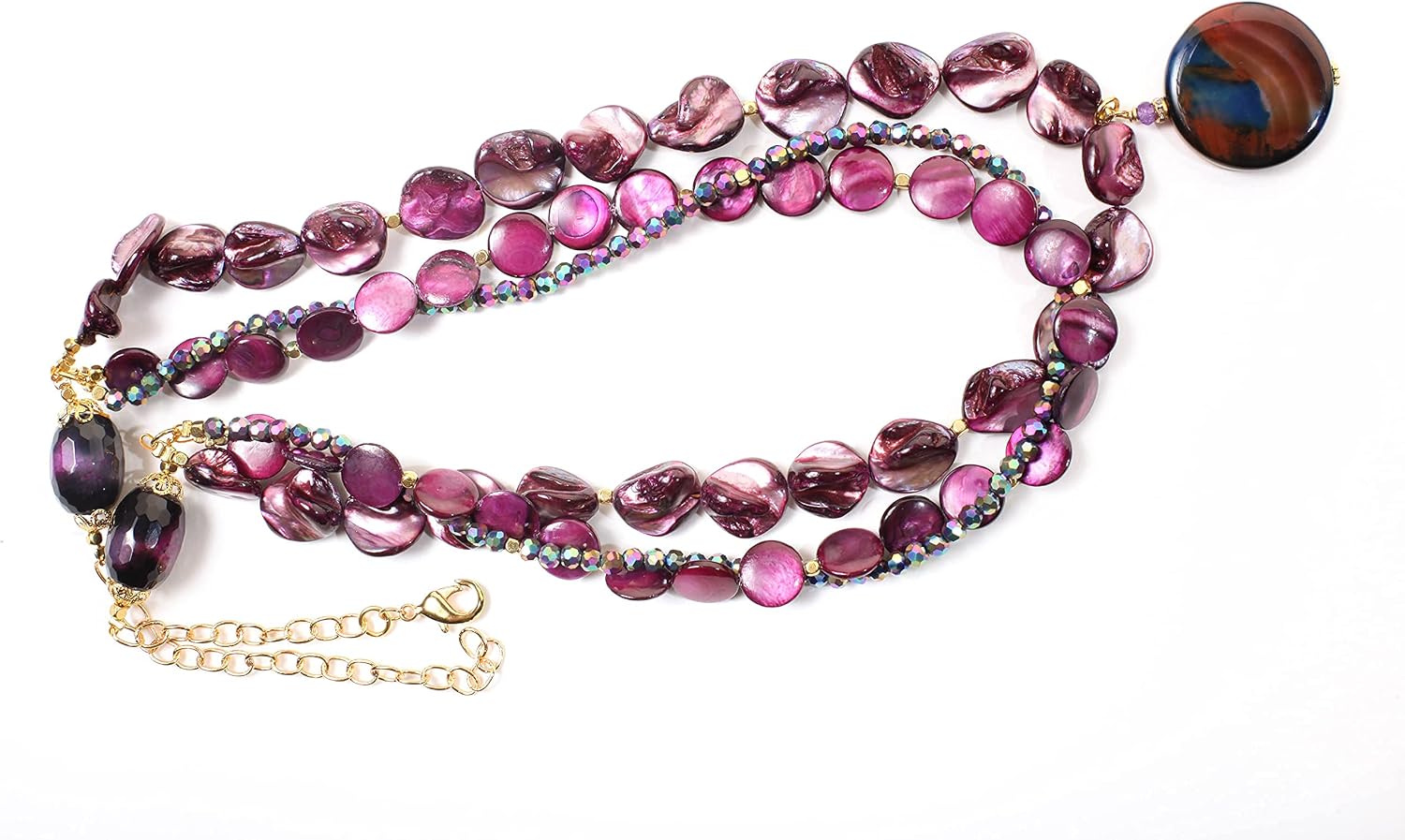 Tri Color natural Stripe Agate Pendant, Mother of Pearl purple Shell coin and nugget shape,crystal 3 line gold 21"+3" extender necklace.