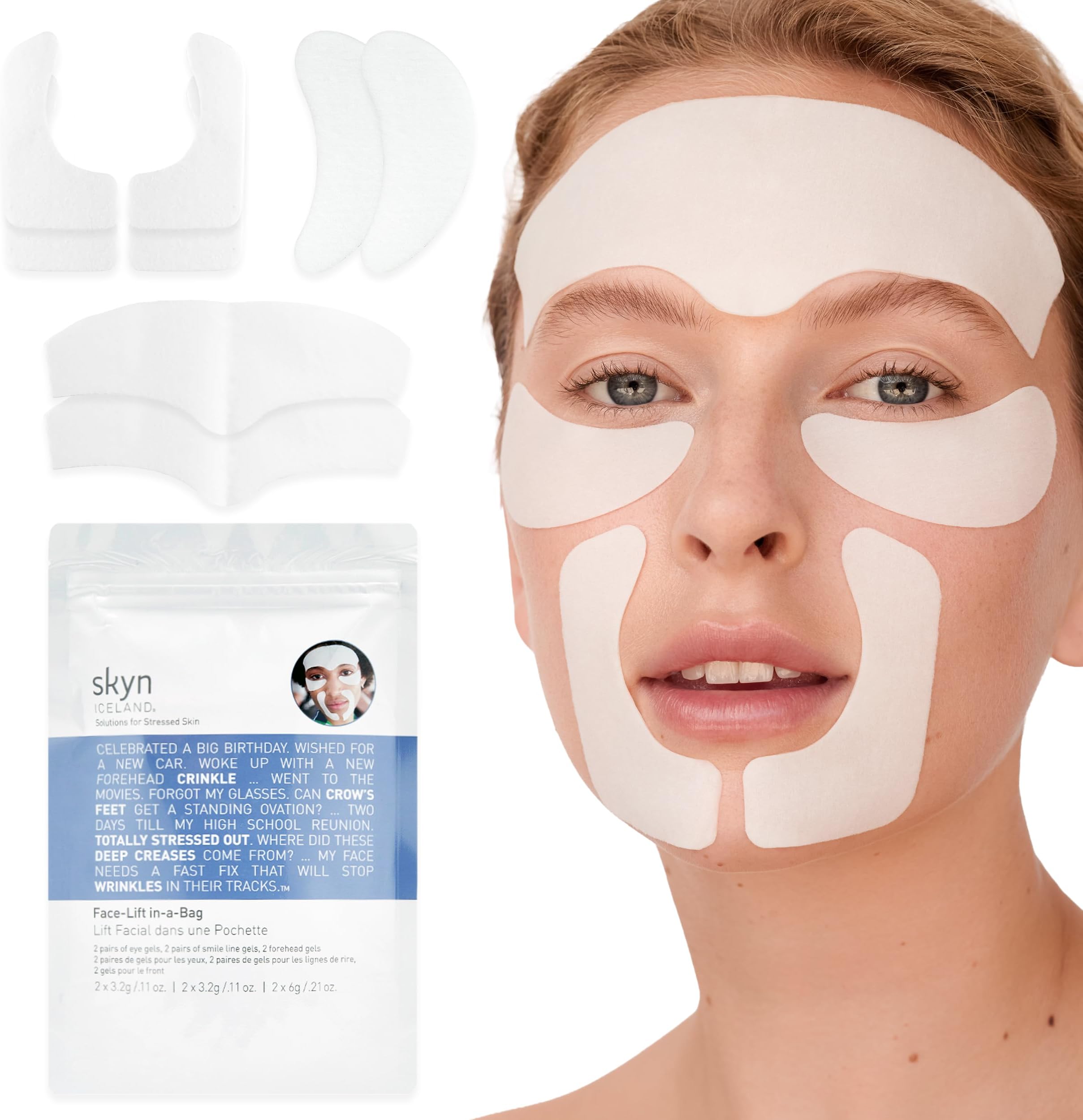 Facelift in-a-Bag, Firming Hydrogel Masks for Forehead, Smile Lines and Under Eyes. Cooling Gel Facial Patches with Peptides and Coenzyme Q10. Treatment for All Skin Types, Vegan, 6 Pcs.