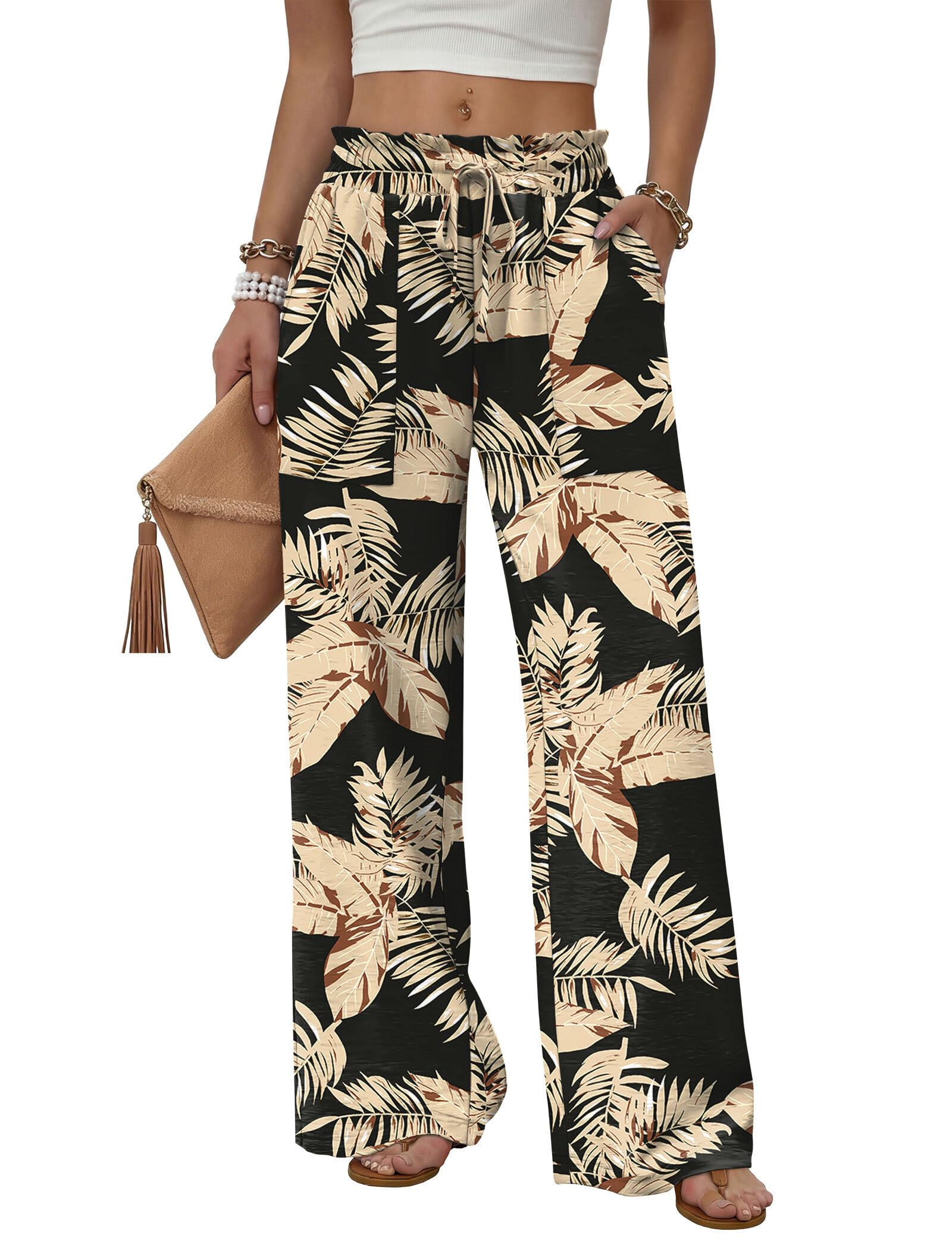 WIHOLL Women's Wide Leg Pants with Pockets Drawstring Loose Trousers Business Work Pants Summer Beach Vacation Clothes — view 12