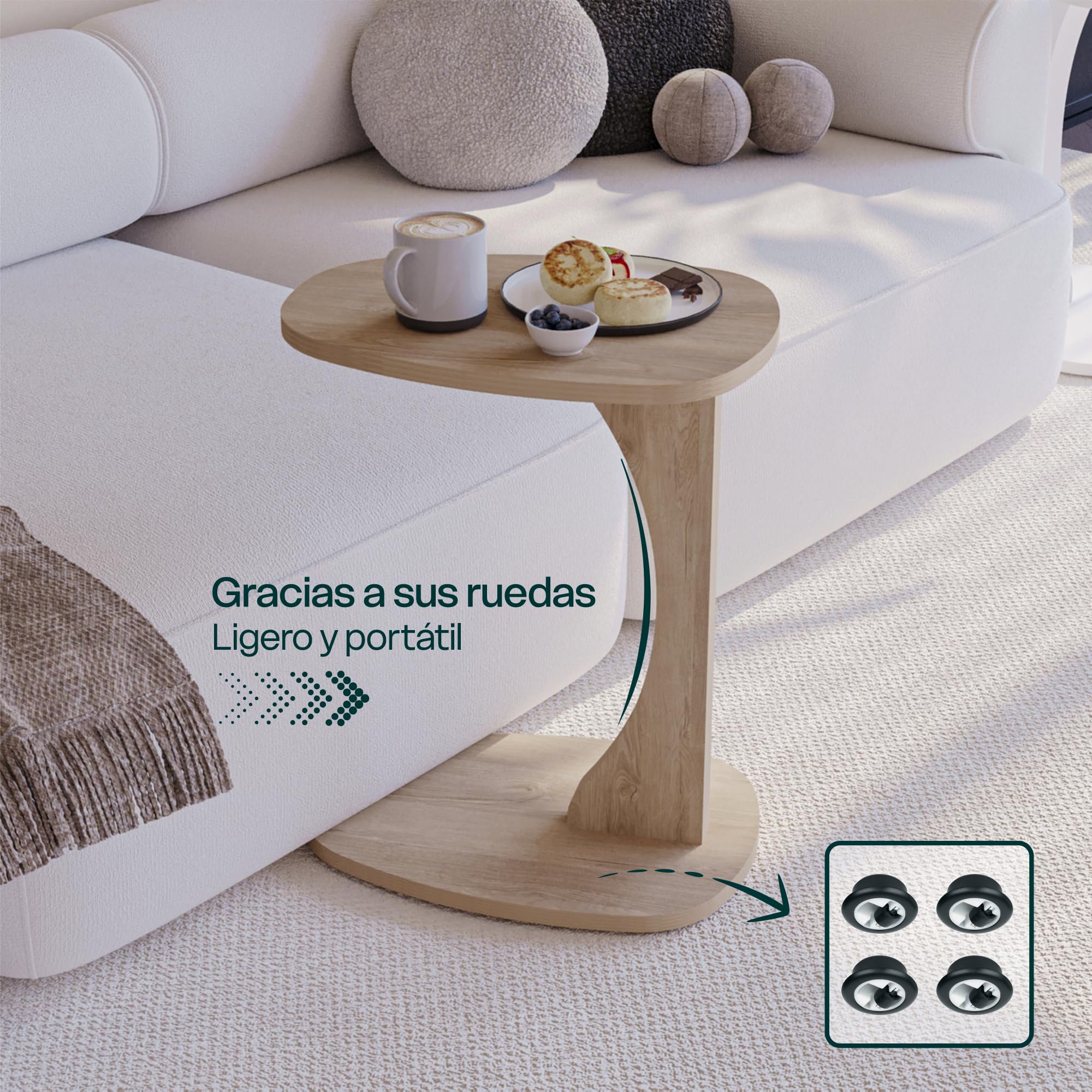 sugodesign Mesa Auxiliar para sofá con Ruedas, pequeña Mesa Auxiliar en Forma de C, Mesa de sofá en Elegante Roble Ahumado, pequeña Mesa de Centro para el salón, Ideal para portátiles - Norma