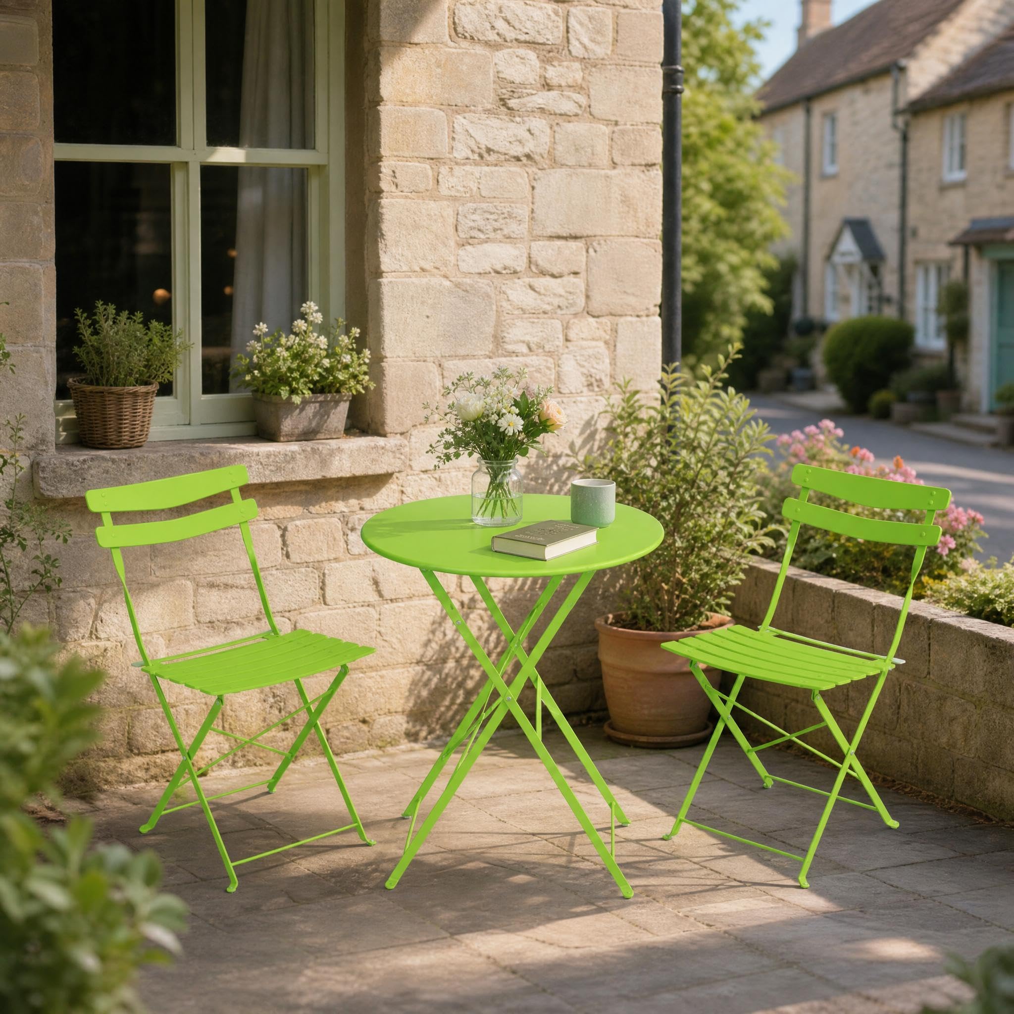 GarveeMore 3 Piece Bistro Set for 2, Folding Garden Table & Chairs Set of 2, Weatherproof Metal Outdoor Seating, Small Balcony Set, No Assembly 2 Seater Patio Set for Gardens & Terraces - Grass Green