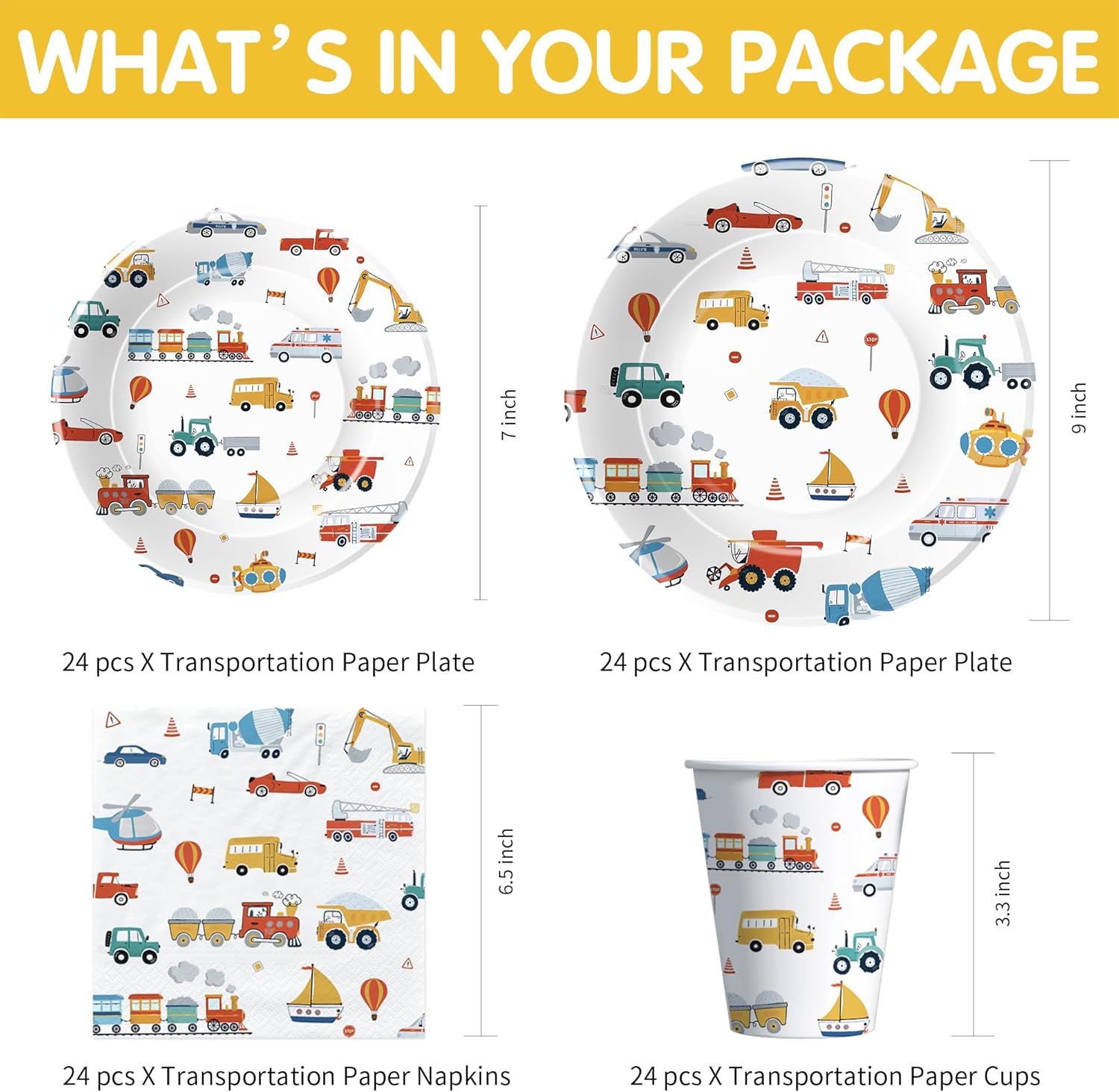 Transportation Birthday Decorations, Traffic Transportation Party Supplies Tableware, Plate, Napkin, Cup, Cutlery, Tablecloth, Banner, Truck Car Construction Vehicle Party Decorations, Serve 24 - Image 2