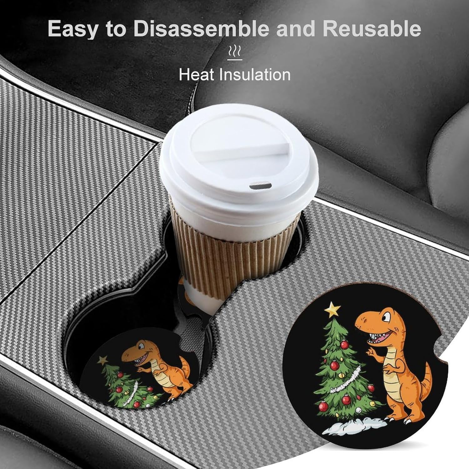 Dragon Christmas Tree Cute Car Coasters 2.56 Inch Absorbent Cup Holder for Drinks Auto Interior Accessories