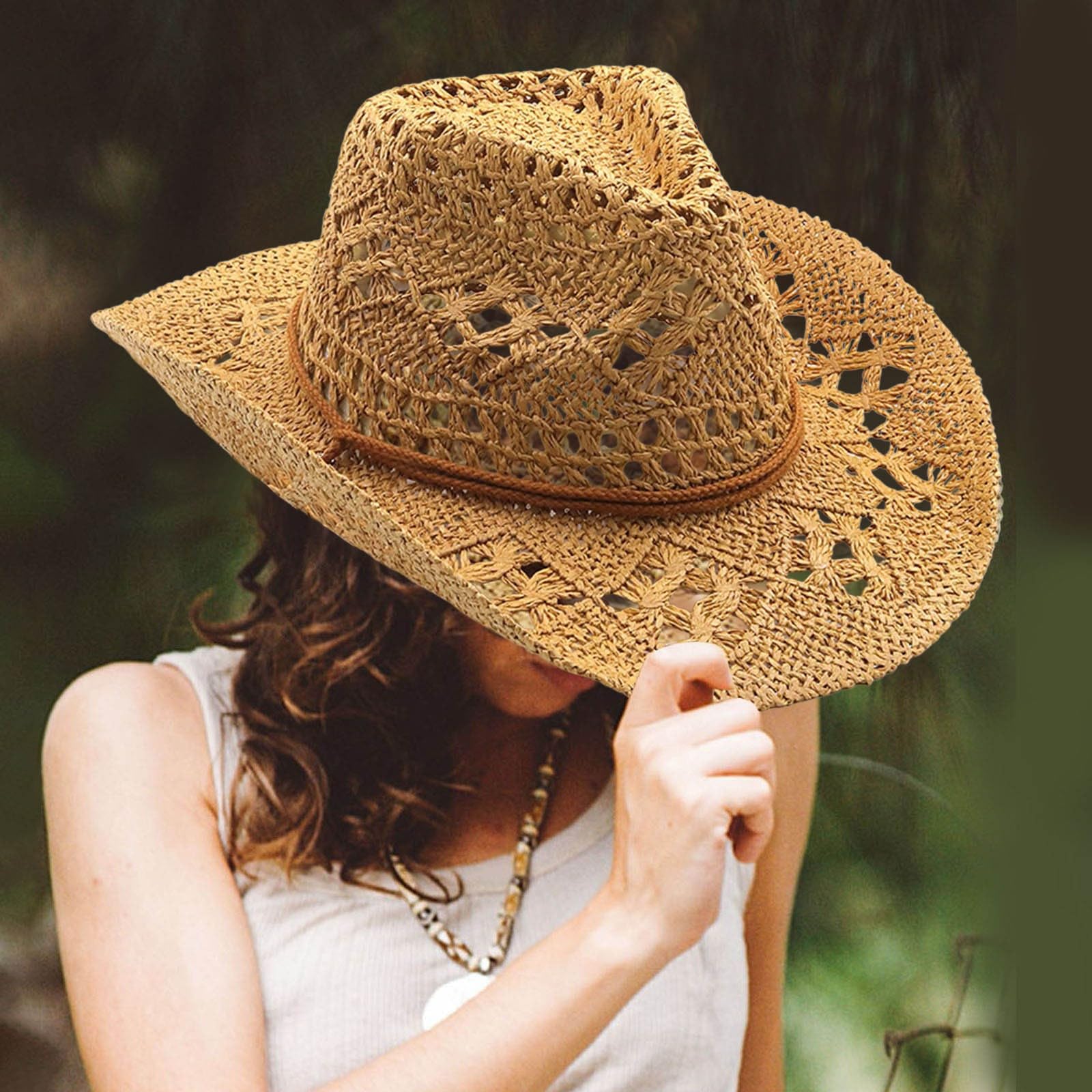 pvucpot Chapeau de Cowboy Western pour Femme et Homme - Été Shapeable Paille Creusé Soleil Casquette pour Voyage Plage Extérieur Pêche