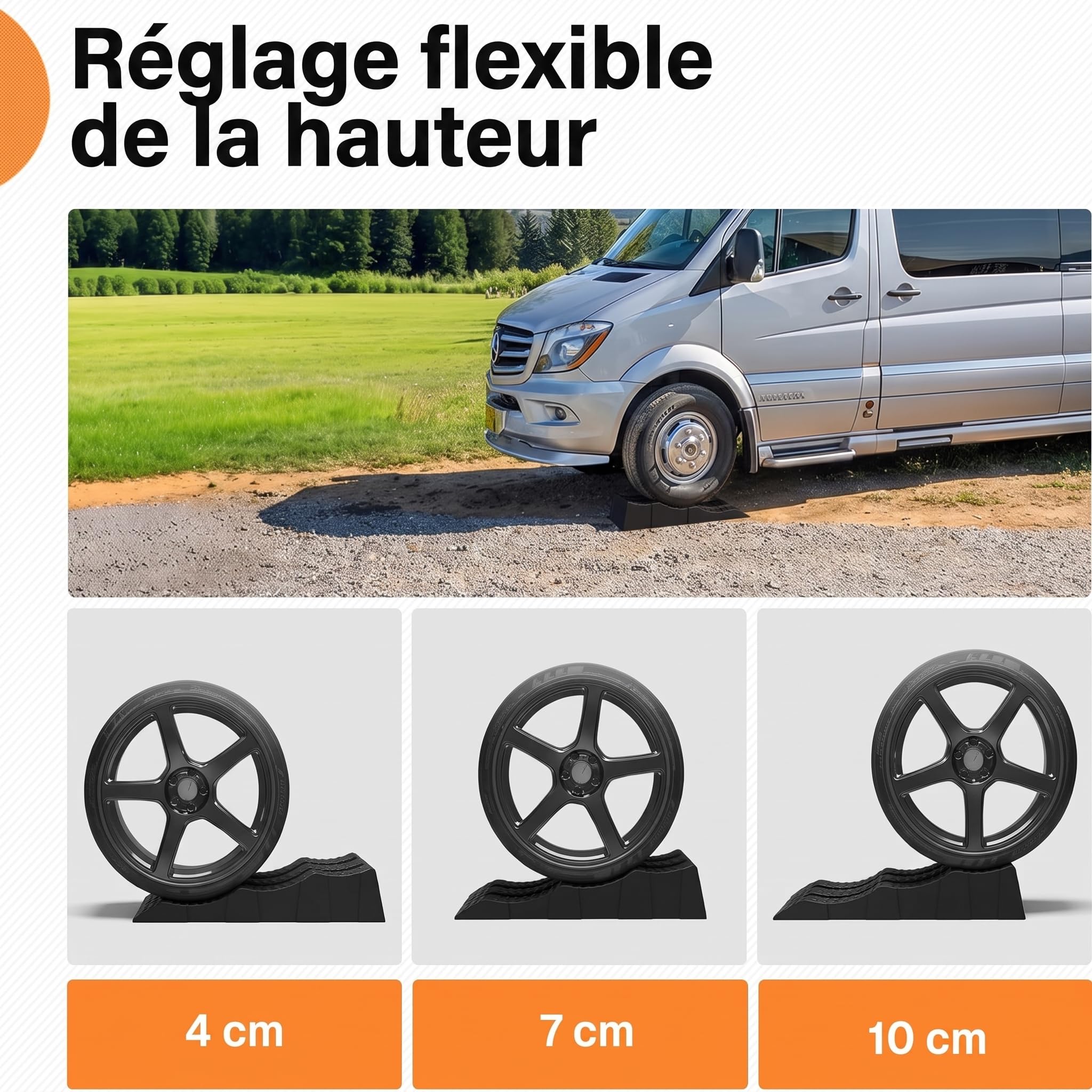 Cales de nivellement pour Camping-Car & Caravane – Lot de 2 avec 3 hauteurs (4/7/10 cm), Bandes antidérapantes & Sac de Transport – 5000 kg