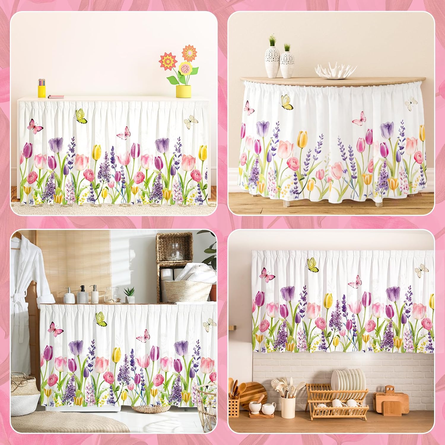 Whaline Cabinet Curtains 28" W x 51" L Sink Skirt for Bathroom Kitchen Tulip Floral Flying Butterflies Rustic Drape Under Desk Privacy Drape for Spring Laundry Room Farmhouse Classroom Party